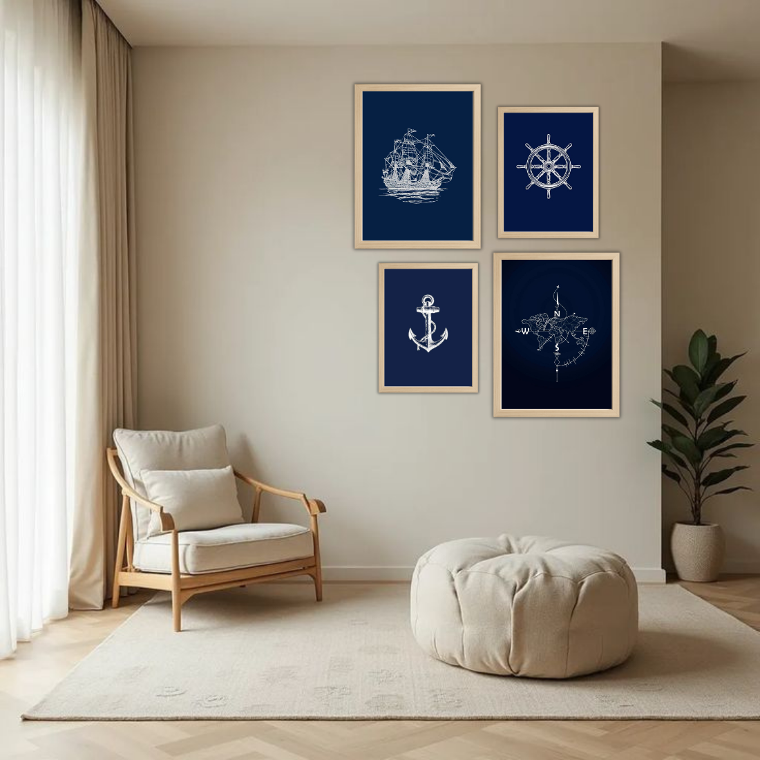 Nautical Navy Line Art Wall Frame Set – Set of 4 (2 Large 13×17" + 2 Medium 9×11") | Sailing Ship Anchor Compass Ship Wheel Art Prints | Beige, Black & White Frame