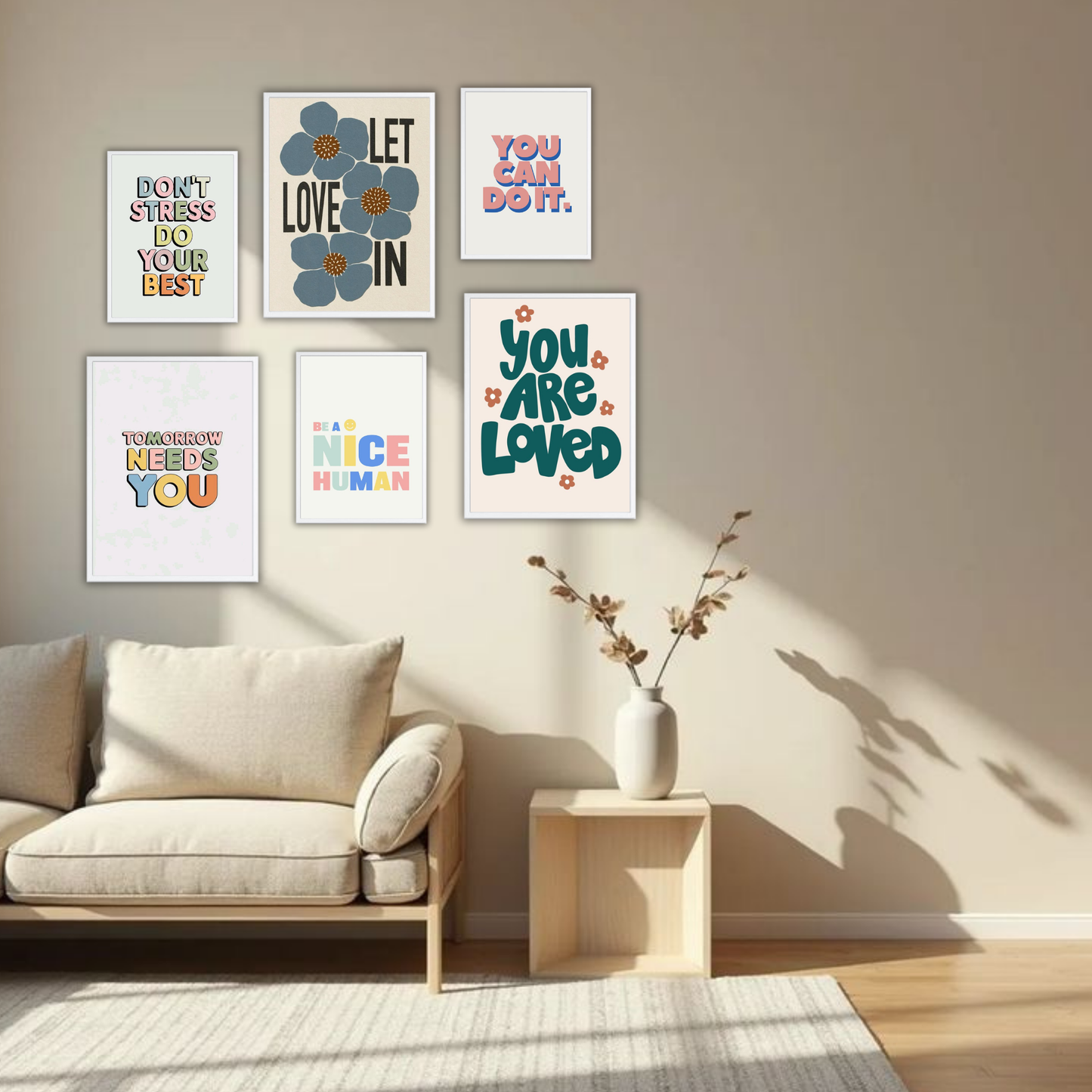 Colorful Positivity Wall Frame Set – Set of 6 (3 Large 13×17" + 3 Small 9×11") | Self-Love & Motivational Art Prints for Bedroom & Living Room