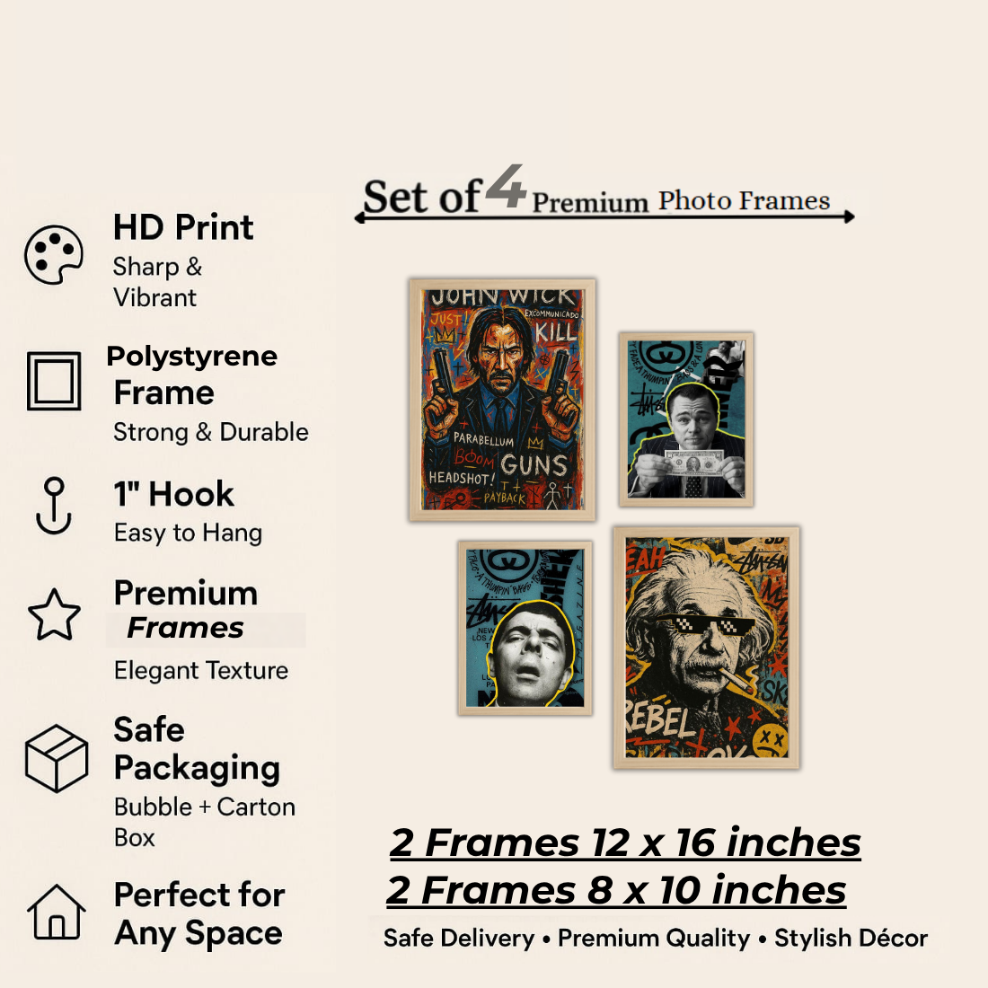 Pop Art Graffiti Icons Wall Frame Set – Set of 4 (2 Large 13×17" + 2 Medium 9×11") | John Wick Einstein DiCaprio Scarface Street Art Prints | Beige, Black & White Frame