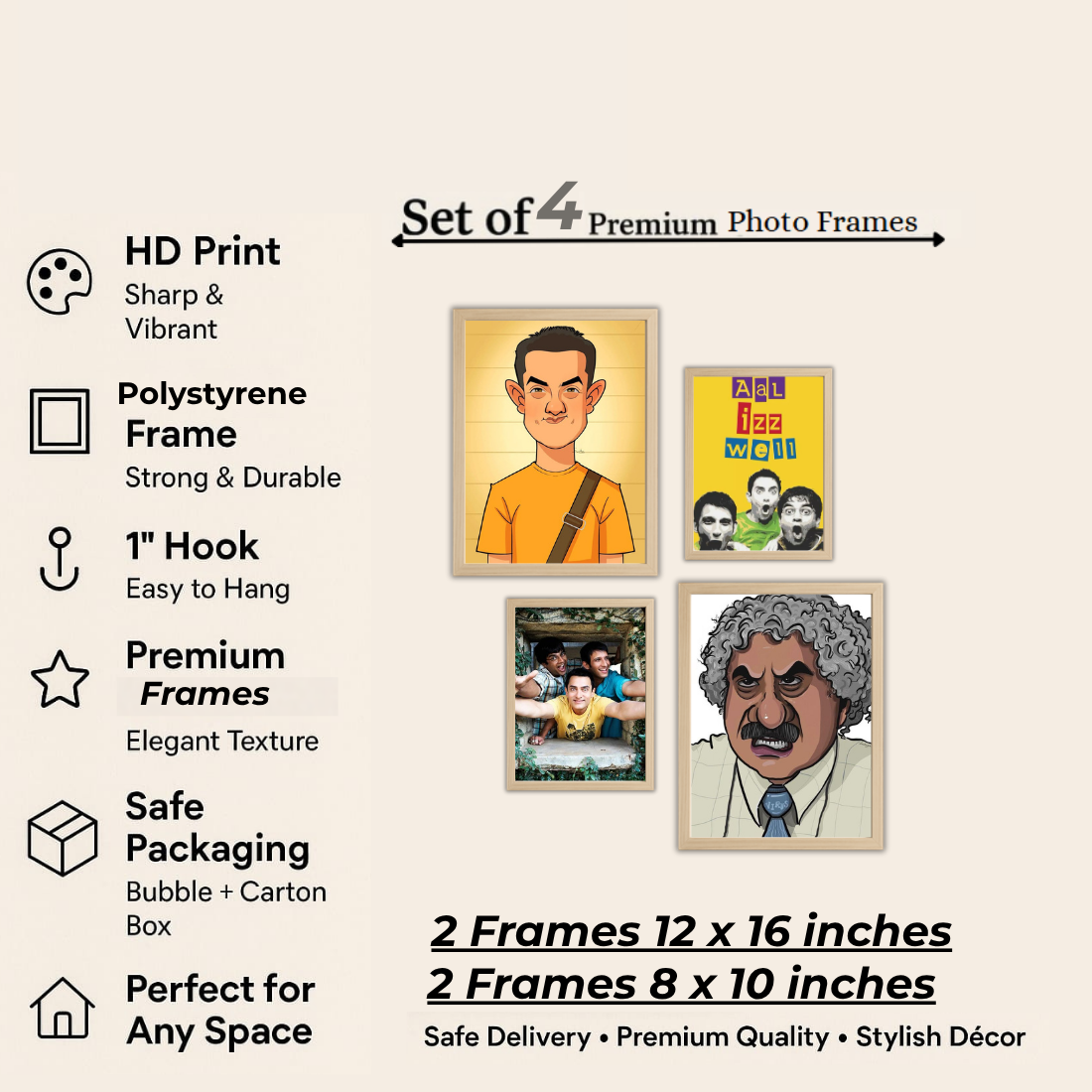 3 Idiots Bollywood Wall Frame Set – Set of 4 (2 Large 13×17" + 2 Medium 9×11") | Aal Izz Well Fan Art Prints for Bedroom, Living Room & Cafe | Beige, Black & White Frame