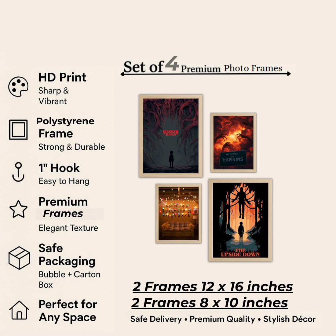 Stranger Things Wall Frame Set – Set of 4 (2 Large 13×17" + 2 Medium 9×11") | Upside Down Hawkins Mind Flayer Fan Art Prints | Beige, Black & White Frame