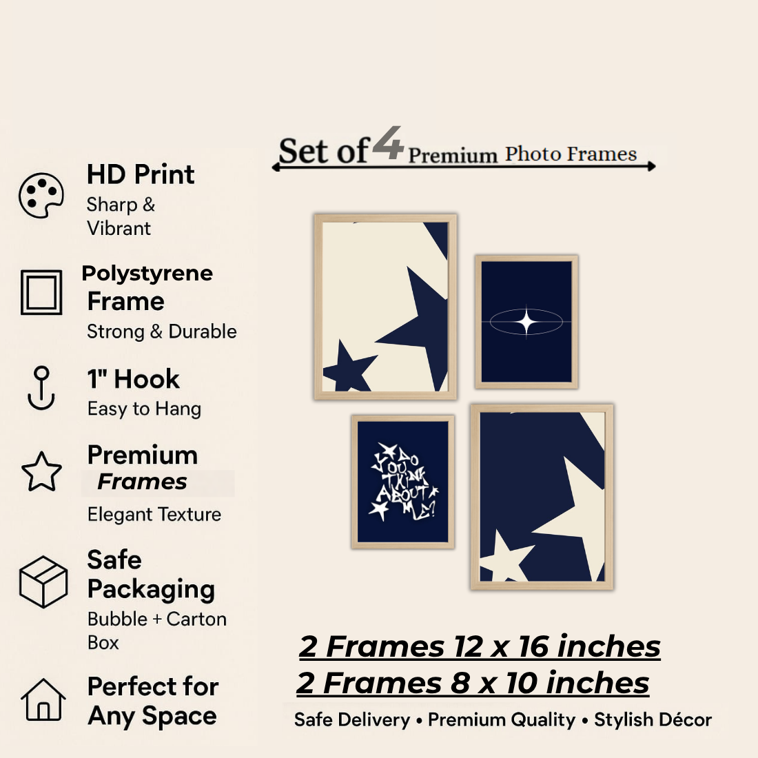 Navy Blue Y2K Star Aesthetic Wall Frame Set – Set of 4 (2 Large 13×17" + 2 Medium 9×11") | Do You Think About Me Coquette Star Art Prints | Beige, Black & White Frame
