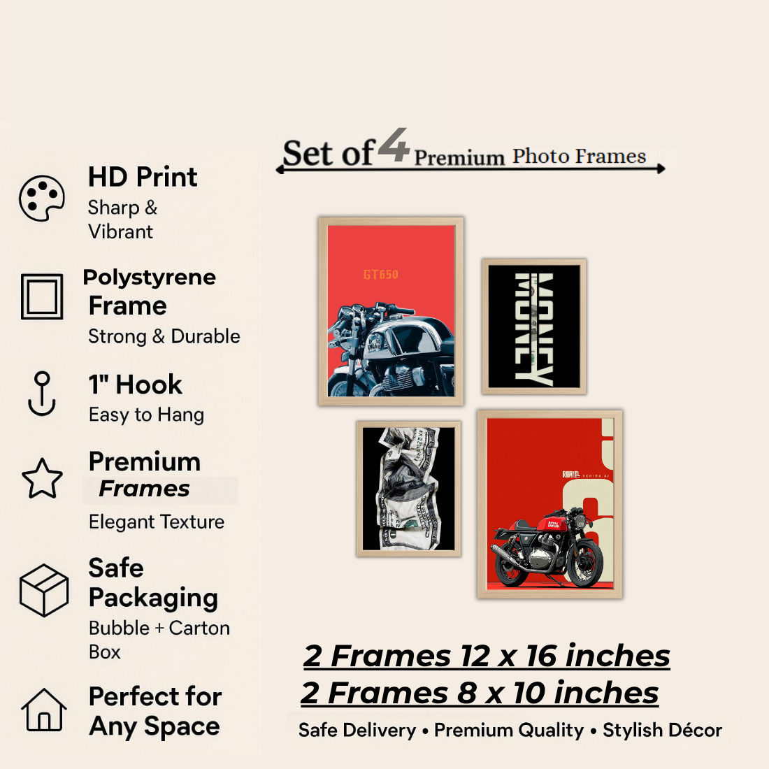Royal Enfield Hustle Money Wall Frame Set – Set of 4 (2 Large 13×17" + 2 Medium 9×11") | Bike Lover Money Grind Poster Art Prints | Beige, Black & White Frame