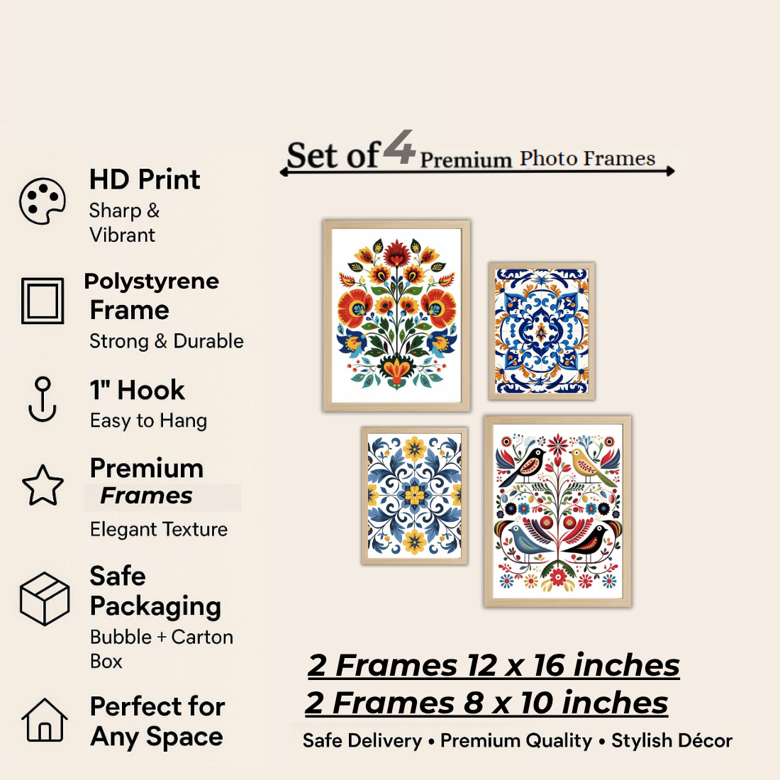 Folk Art Floral Tile Wall Frame Set – Set of 4 (2 Large 13×17" + 2 Medium 9×11") | Colourful Ethnic Botanical Prints | Beige, Black & White Frame