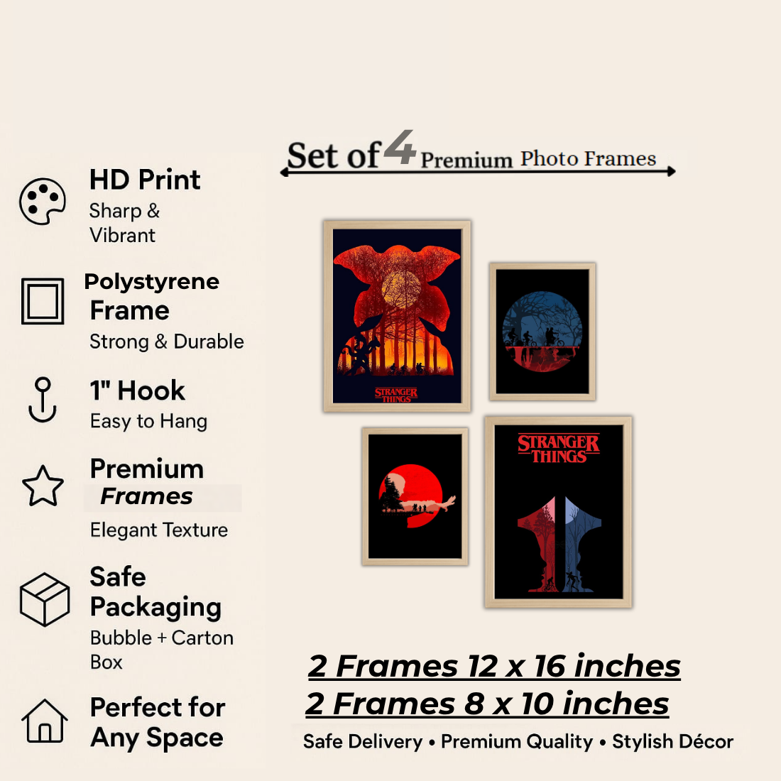 Stranger Things Poster Wall Frame Set – Set of 4 (2 Large 13×17" + 2 Medium 9×11") | Demogorgon Red Moon Hawkins Bike Fan Art Prints | Beige, Black & White Frame