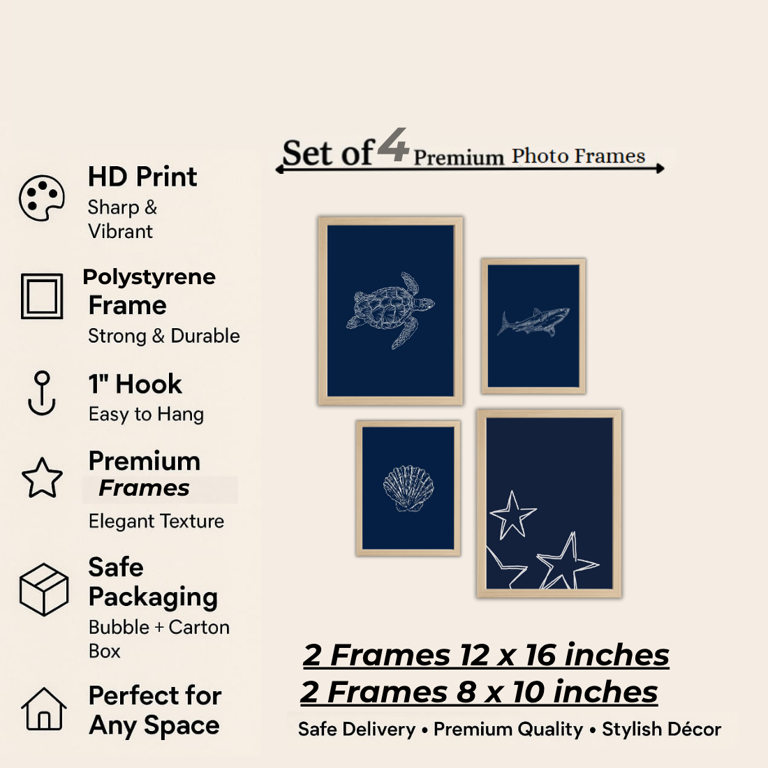 Navy Blue Ocean Line Art Wall Frame Set – Set of 4 (2 Large 13×17" + 2 Medium 9×11") | Turtle Shark Seashell Starfish Coastal Art Prints | Beige, Black & White Frame