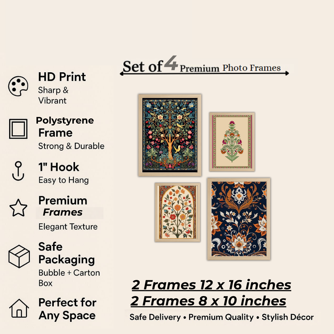 Mughal Wall Frame Set – Set of 4 (2 Large 13×17" + 2 Medium 9×11") | Royal Indian Botanical Art Prints | Beige, Black & White Frame