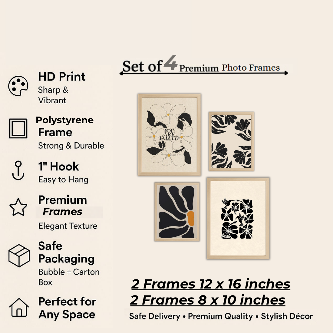 Matisse Black Cream Botanical Wall Frame Set – Set of 4 (2 Large 13×17" + 2 Medium 9×11") | You Are Valued Abstract Floral Art Prints | Beige, Black & White Frame