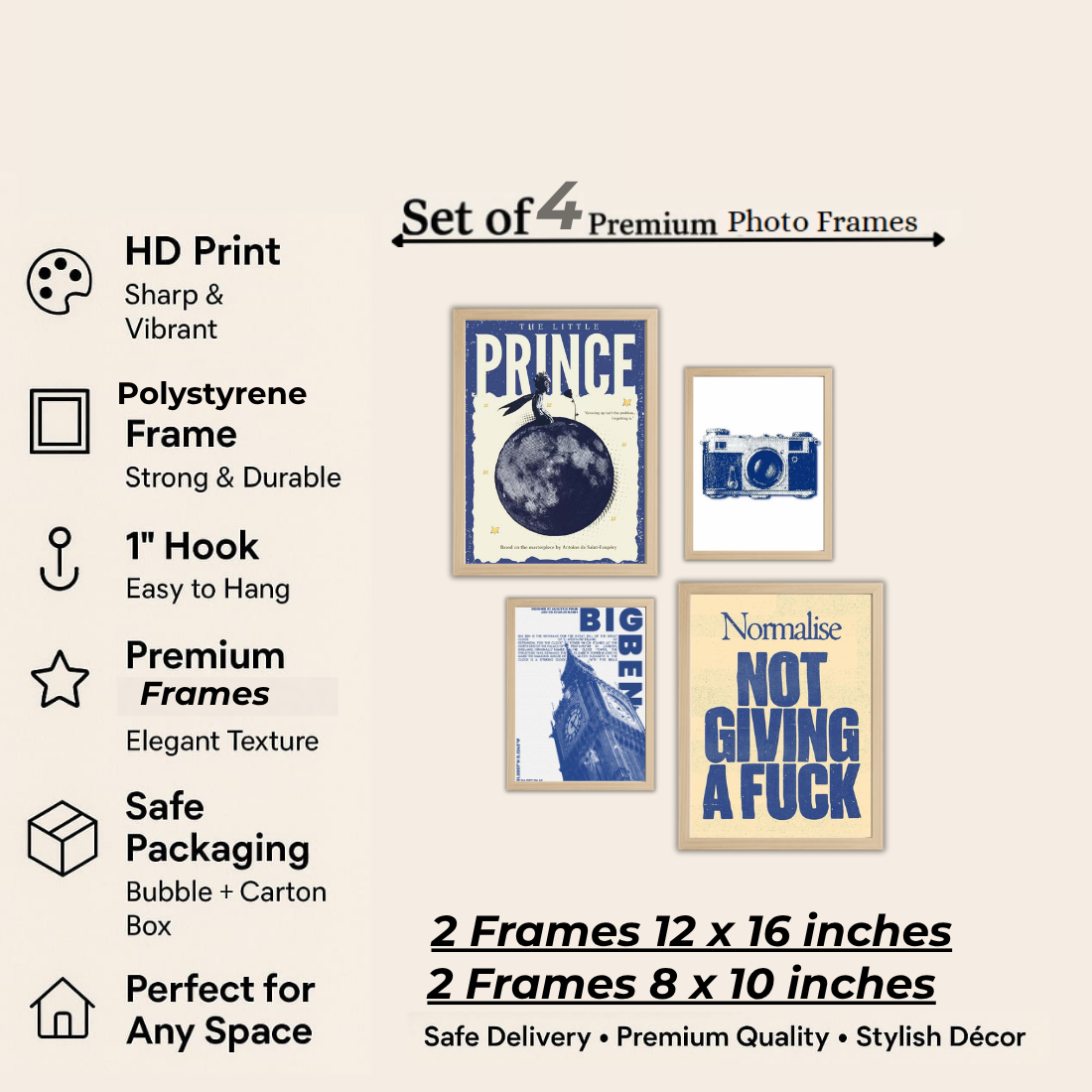Blue Cream Eclectic Gallery Wall Frame Set – Set of 4 (2 Large 13×17" + 2 Medium 9×11") | Little Prince Big Ben Camera NGAF Art Prints | Beige, Black & White Frame