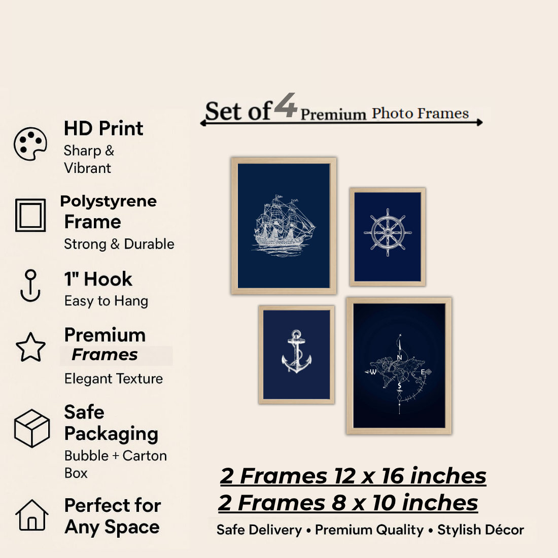 Nautical Navy Line Art Wall Frame Set – Set of 4 (2 Large 13×17" + 2 Medium 9×11") | Sailing Ship Anchor Compass Ship Wheel Art Prints | Beige, Black & White Frame