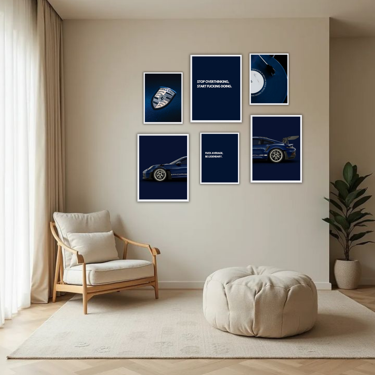 Luxury Hustle Wall Frame Set – Set of 6 (3 Large 13×17" + 3 Small 9×11") | Motivational & Car Aesthetic Wall Decor for Bedroom & Office