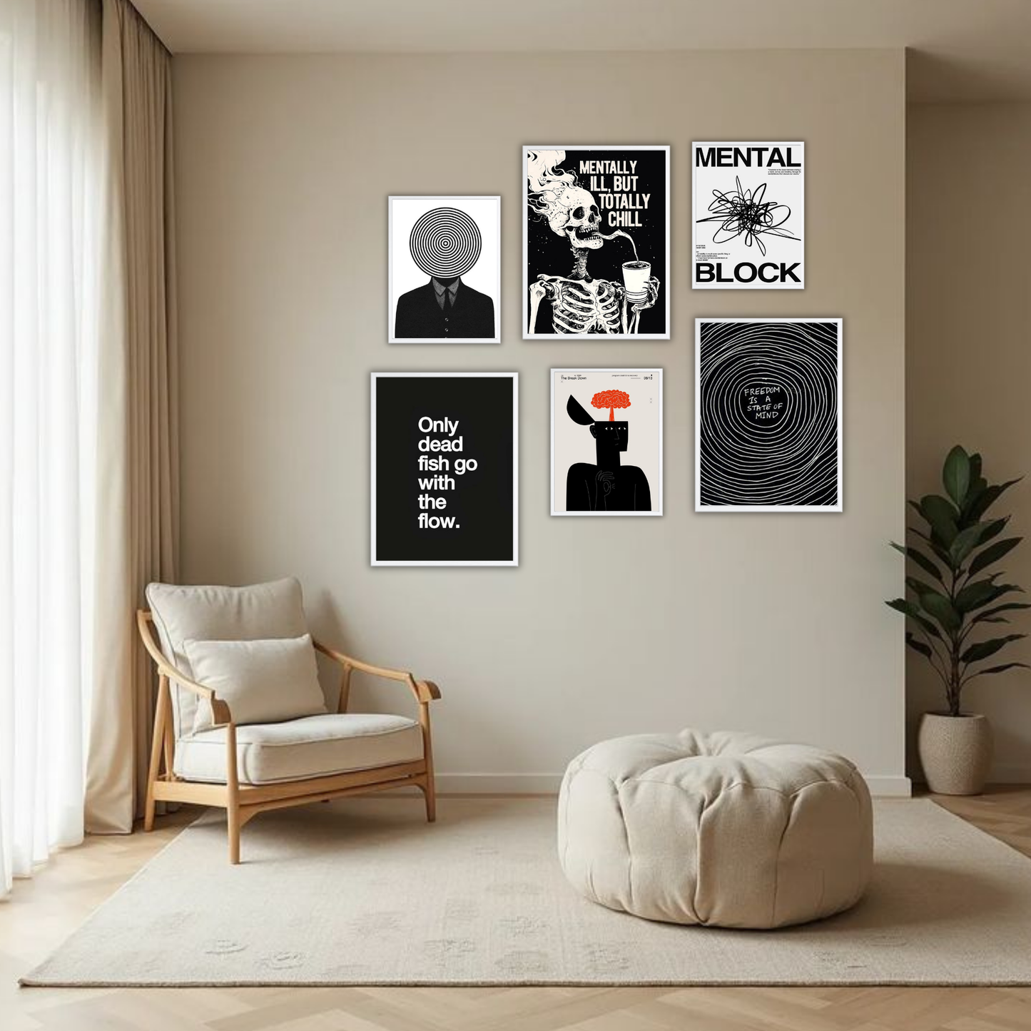 Dark Aesthetic Wall Frame Set – Set of 6 (3 Large 13×17" + 3 Small 9×11") | Mindset & Mental Health Art Prints for Bedroom & Living Room