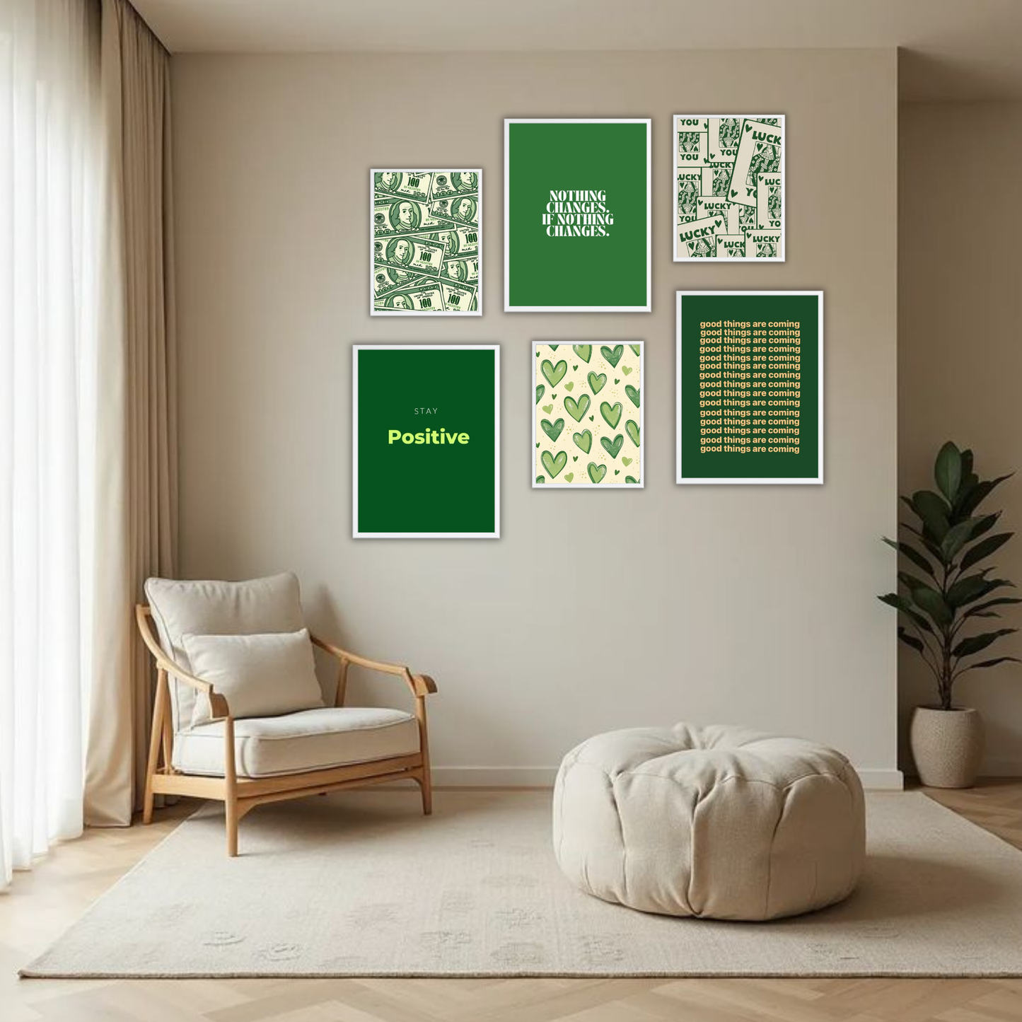 Green Abundance Wall Frame Set – Set of 6 (3 Large 13×17" + 3 Small 9×11") | Lucky & Positivity Art Prints for Bedroom & Living Room