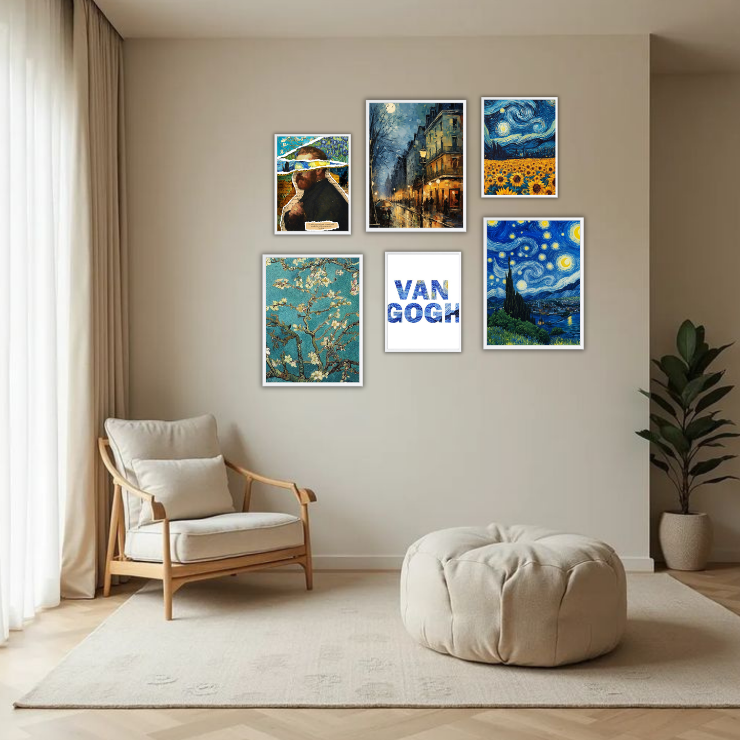 Van Gogh Bold Art Wall Frame Set – Set of 6 (3 Large 13×17" + 3 Small 9×11") | Starry Night & Sunflowers Classic Art Prints for Bedroom & Living Room