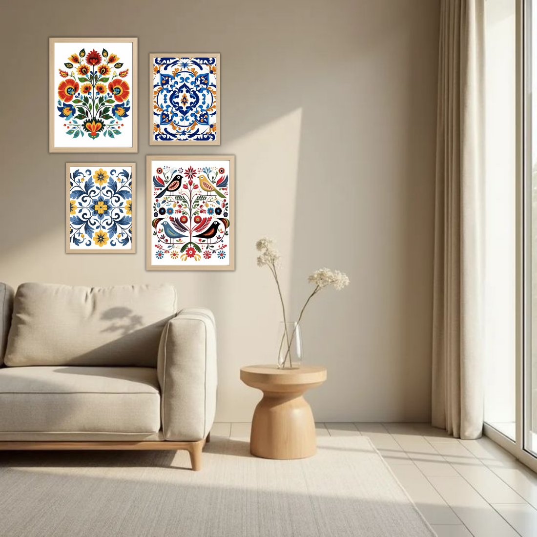 Folk Art Floral Tile Wall Frame Set – Set of 4 (2 Large 13×17" + 2 Medium 9×11") | Colourful Ethnic Botanical Prints | Beige, Black & White Frame