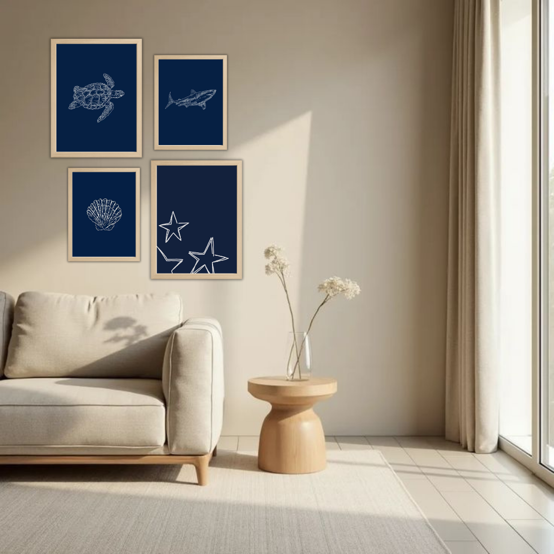 Navy Blue Ocean Line Art Wall Frame Set – Set of 4 (2 Large 13×17" + 2 Medium 9×11") | Turtle Shark Seashell Starfish Coastal Art Prints | Beige, Black & White Frame