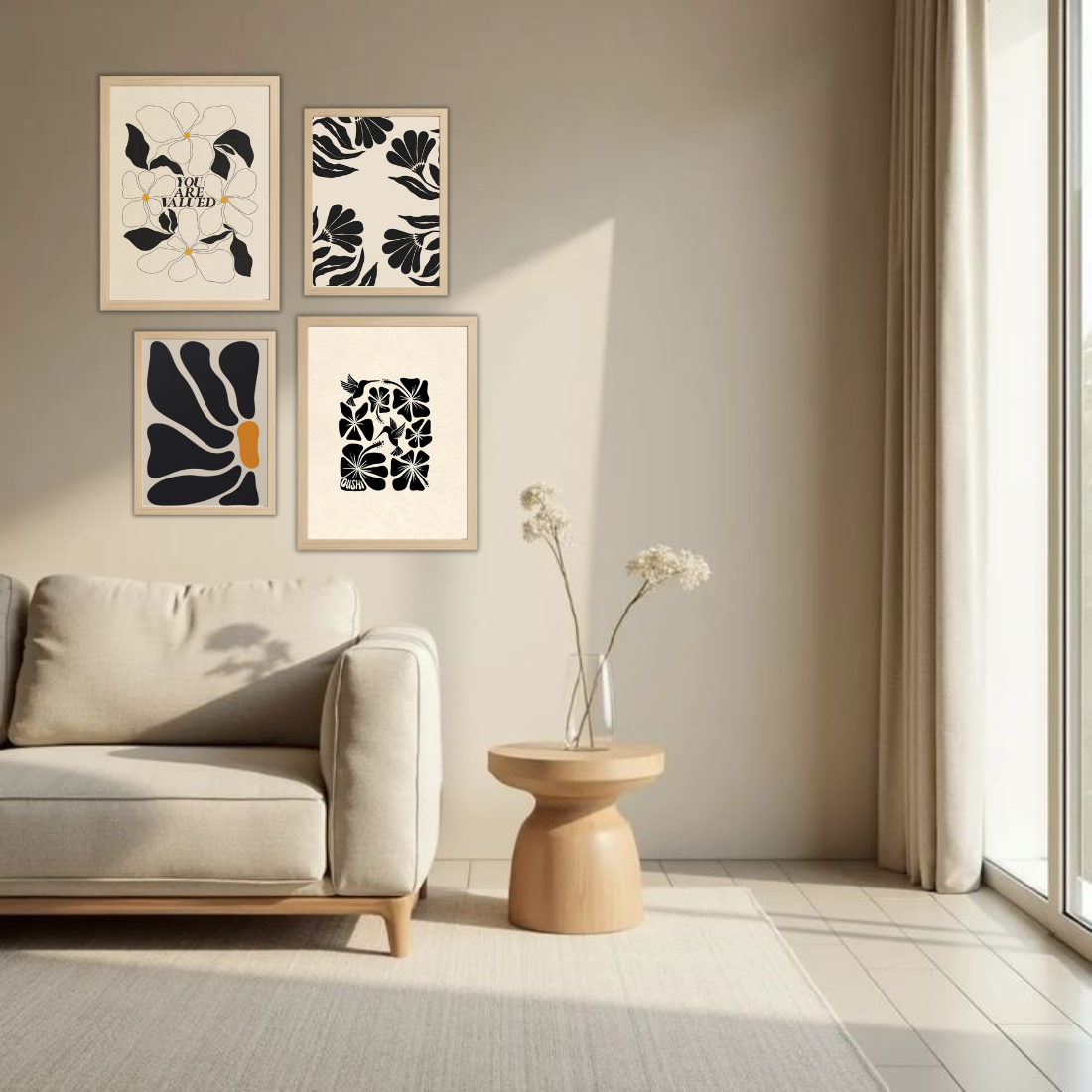 Matisse Black Cream Botanical Wall Frame Set – Set of 4 (2 Large 13×17" + 2 Medium 9×11") | You Are Valued Abstract Floral Art Prints | Beige, Black & White Frame
