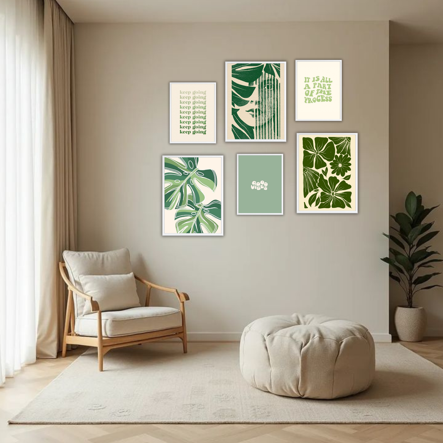 Dark Green Botanical Wall Frame Set – Set of 6 (3 Large 13×17" + 3 Small 9×11") | Keep Going & Good Vibes Nature Art Prints for Bedroom & Living Room