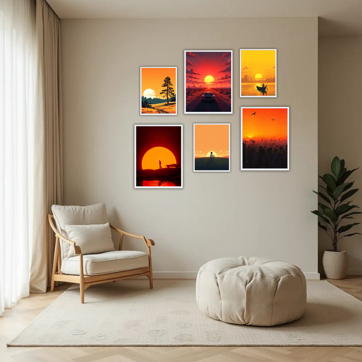 Sunset Vibes Wall Frame Set – Set of 6 (3 Large 13×17" + 3 Small 9×11") | Aesthetic Sunset Art Prints for Bedroom & Living Room