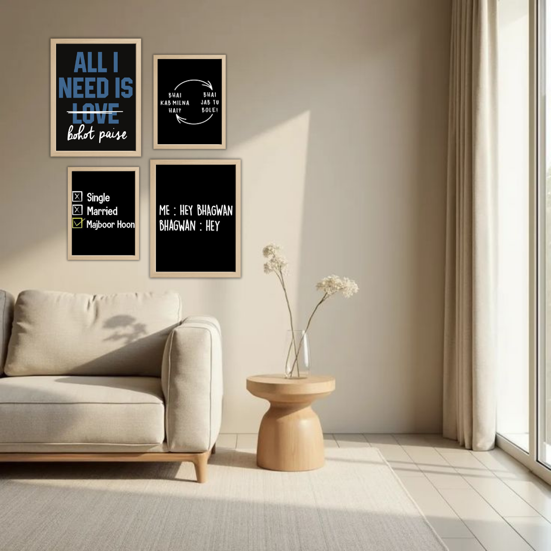 Desi Meme Humour Wall Frame Set – Set of 4 (2 Large 13×17" + 2 Medium 9×11") | Funny Hindi Quotes Bohot Paise Bhai Majboor Hoon Art Prints | Beige, Black & White Frame