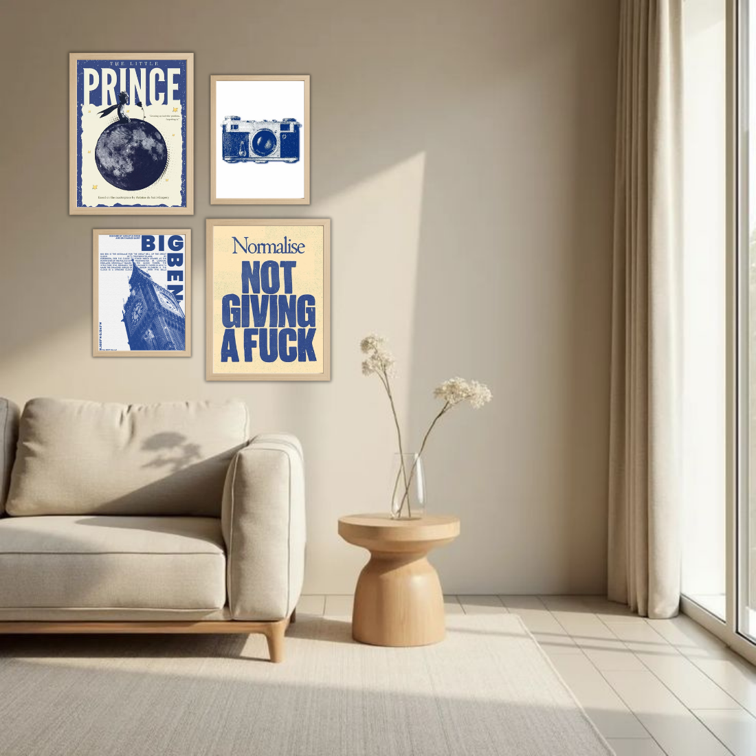 Blue Cream Eclectic Gallery Wall Frame Set – Set of 4 (2 Large 13×17" + 2 Medium 9×11") | Little Prince Big Ben Camera NGAF Art Prints | Beige, Black & White Frame