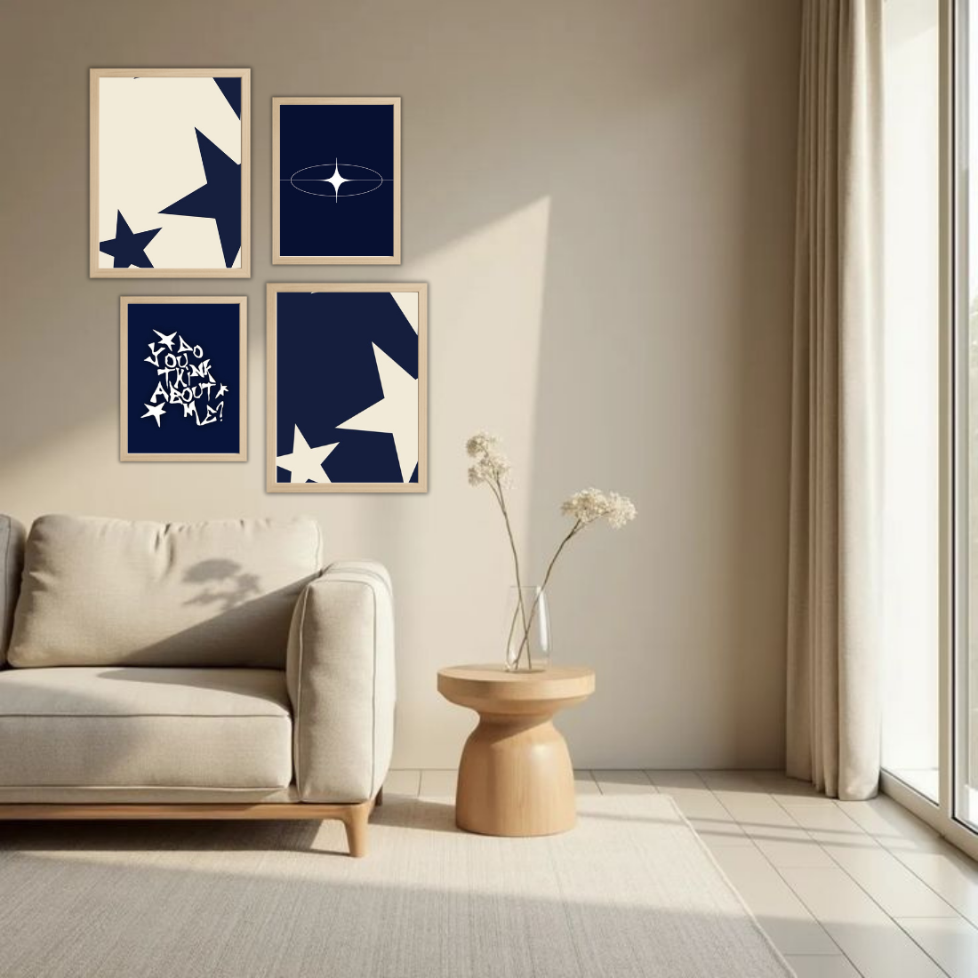 Navy Blue Y2K Star Aesthetic Wall Frame Set – Set of 4 (2 Large 13×17" + 2 Medium 9×11") | Do You Think About Me Coquette Star Art Prints | Beige, Black & White Frame