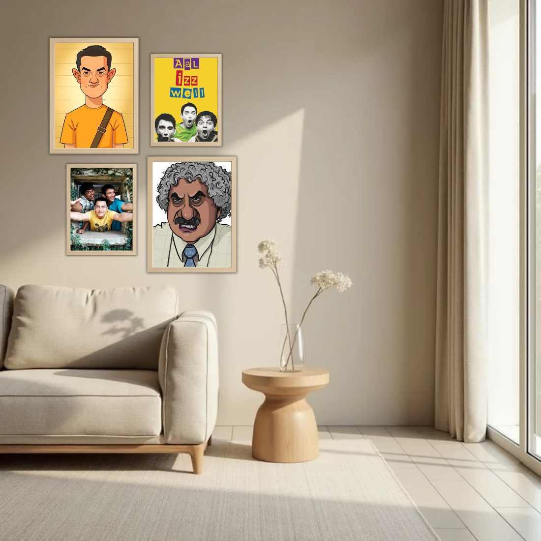 3 Idiots Bollywood Wall Frame Set – Set of 4 (2 Large 13×17" + 2 Medium 9×11") | Aal Izz Well Fan Art Prints for Bedroom, Living Room & Cafe | Beige, Black & White Frame