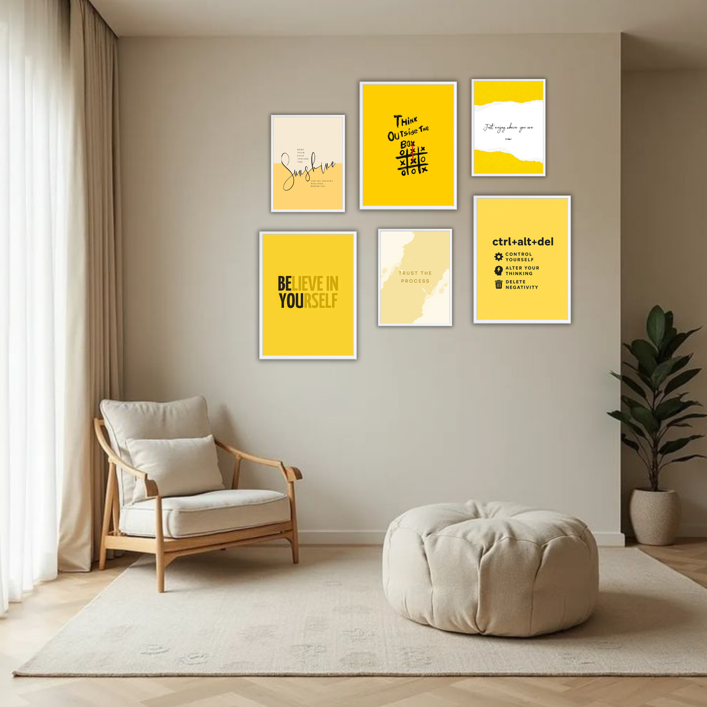 Sunshine Believe Wall Frame Set – Set of 6 (3 Large 13×17" + 3 Small 9×11") | Yellow Aesthetic Motivational Art Prints for Bedroom & Living Room