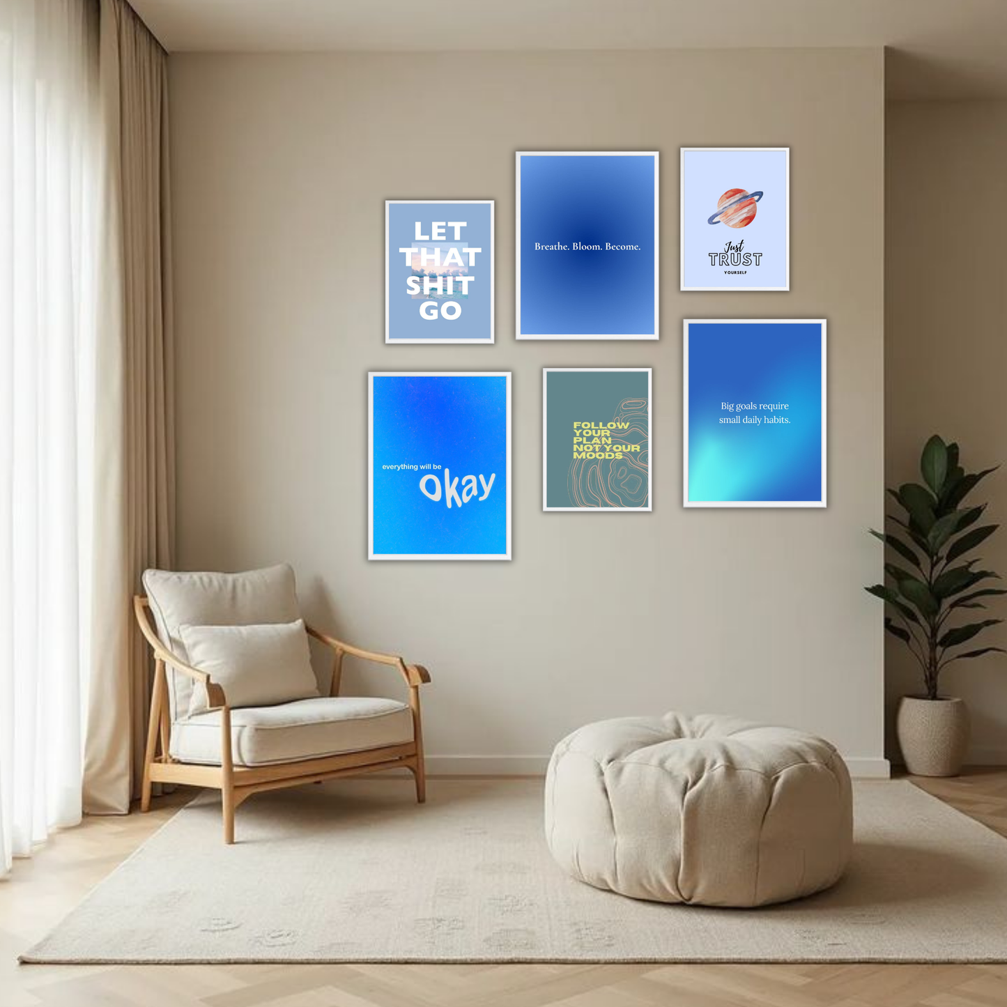 Blue Gradient Mindset Wall Frame Set – Set of 6 (3 Large 13×17" + 3 Small 9×11") | Self-Trust & Motivational Art Prints for Bedroom & Living Room