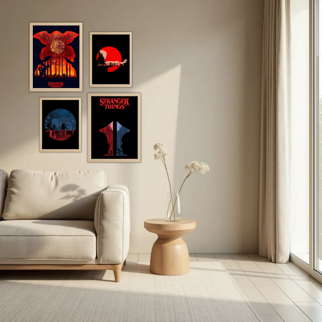 Stranger Things Poster Wall Frame Set – Set of 4 (2 Large 13×17" + 2 Medium 9×11") | Demogorgon Red Moon Hawkins Bike Fan Art Prints | Beige, Black & White Frame