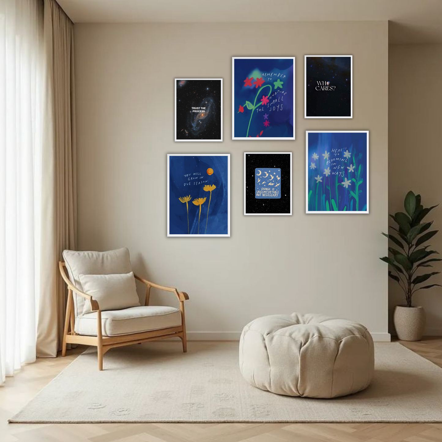 Bloom & Grow Wall Frame Set – Set of 6 (3 Large 13×17" + 3 Small 9×11") | Deep Blue Botanical Growth Art Prints for Bedroom & Living Room