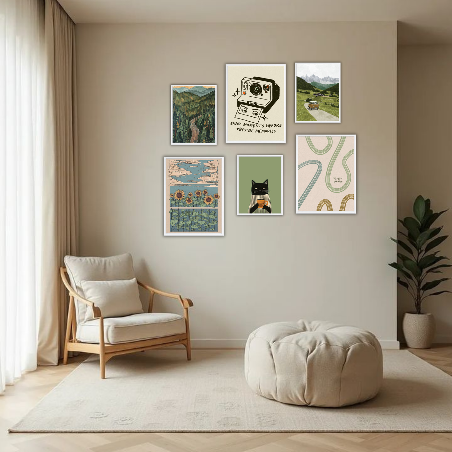 Vintage Nature Wanderlust Wall Frame Set – Set of 6 (3 Large 13×17" + 3 Small 9×11") | Retro Travel & Cottagecore Art Prints for Bedroom & Living Room