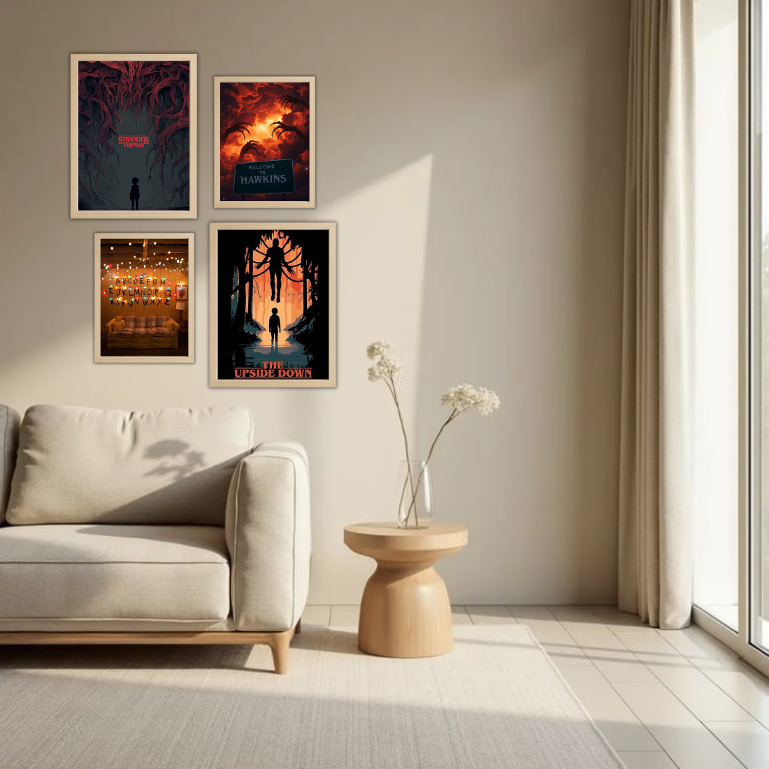 Stranger Things Wall Frame Set – Set of 4 (2 Large 13×17" + 2 Medium 9×11") | Upside Down Hawkins Mind Flayer Fan Art Prints | Beige, Black & White Frame