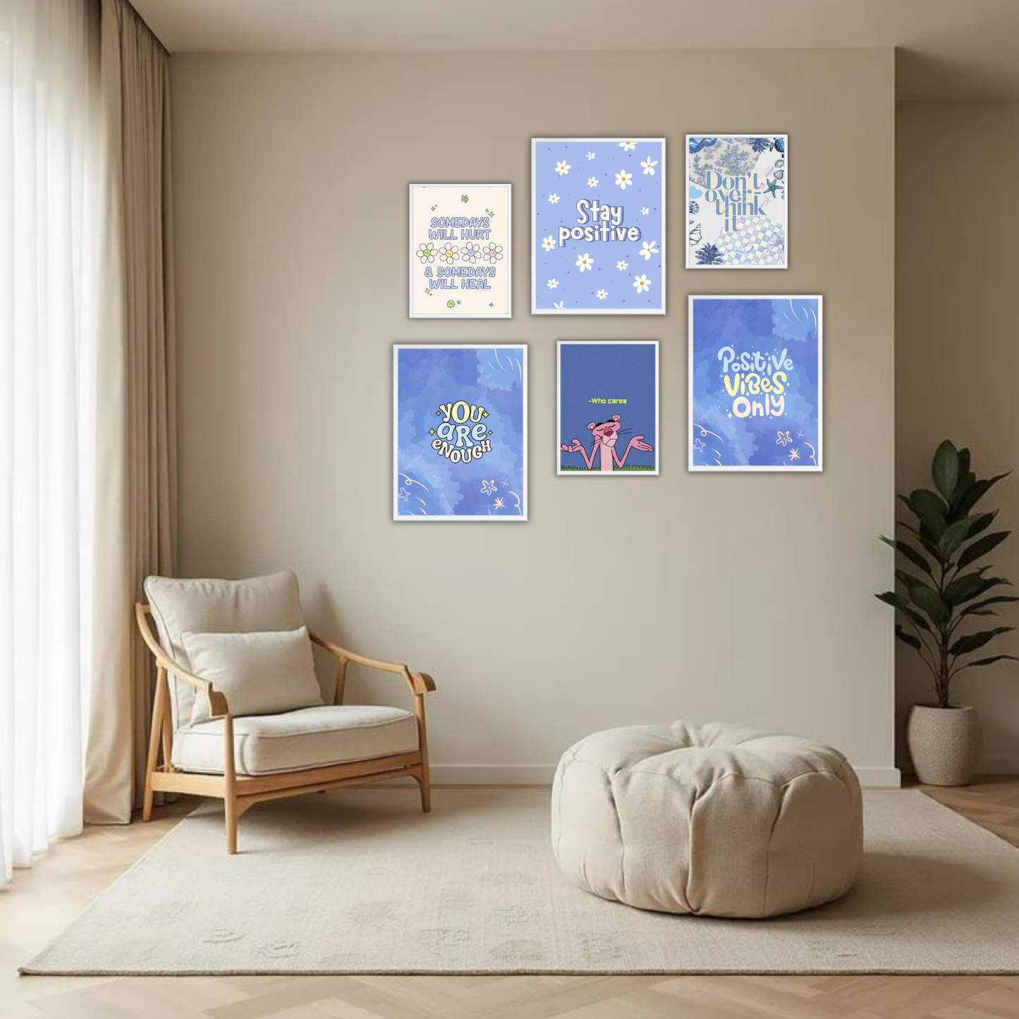 Pastel Blue Positive Vibes Wall Frame Set – Set of 6 (3 Large 13×17" + 3 Small 9×11") | Stay Positive & Self-Love Aesthetic Art Prints for Bedroom & Living Room