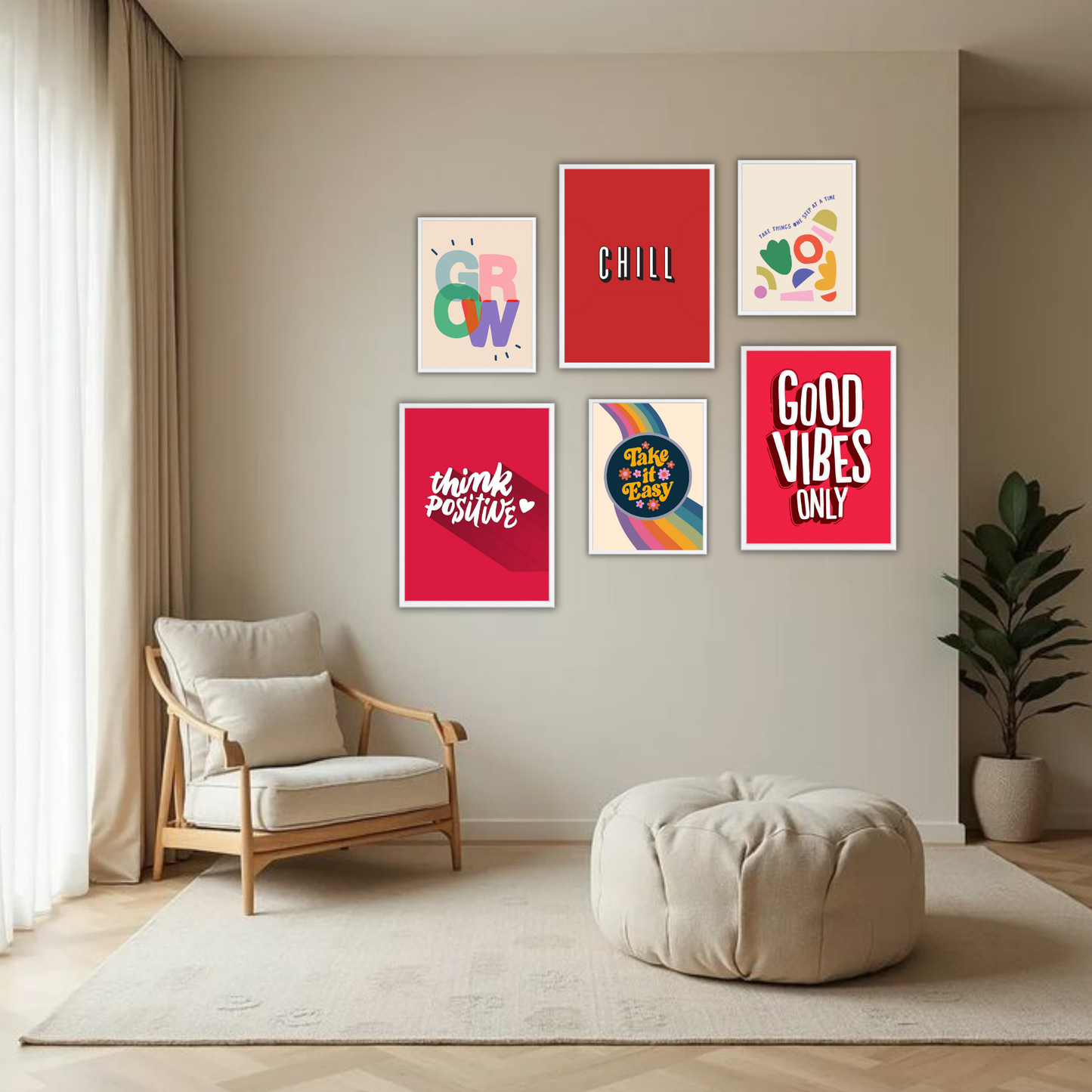 Good Vibes Only Wall Frame Set – Set of 6 (3 Large 13×17" + 3 Small 9×11") | Positive & Chill Aesthetic Art Prints for Bedroom & Living Room