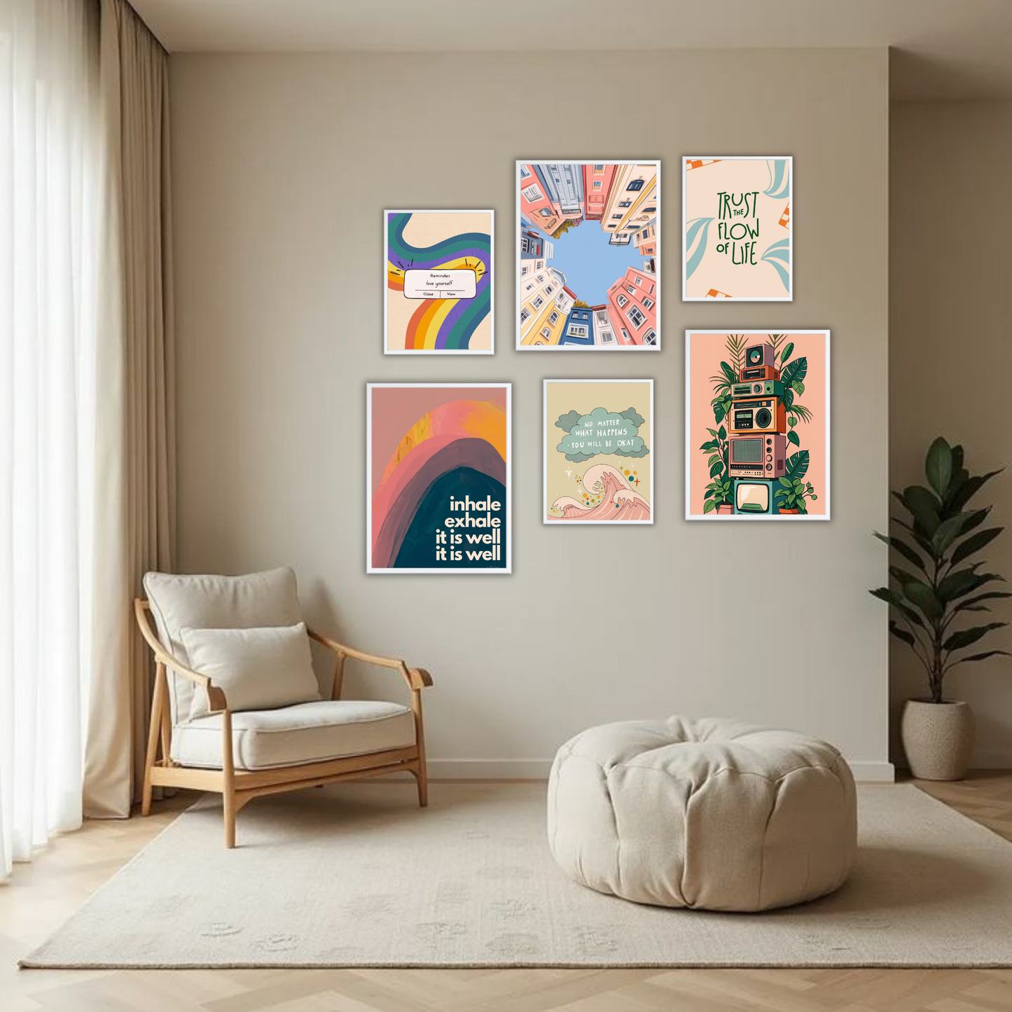 Retro Rainbow Boho Wall Frame Set – Set of 6 (3 Large 13×17" + 3 Small 9×11") | Colourful Aesthetic & Mindfulness Art Prints for Bedroom & Living Room