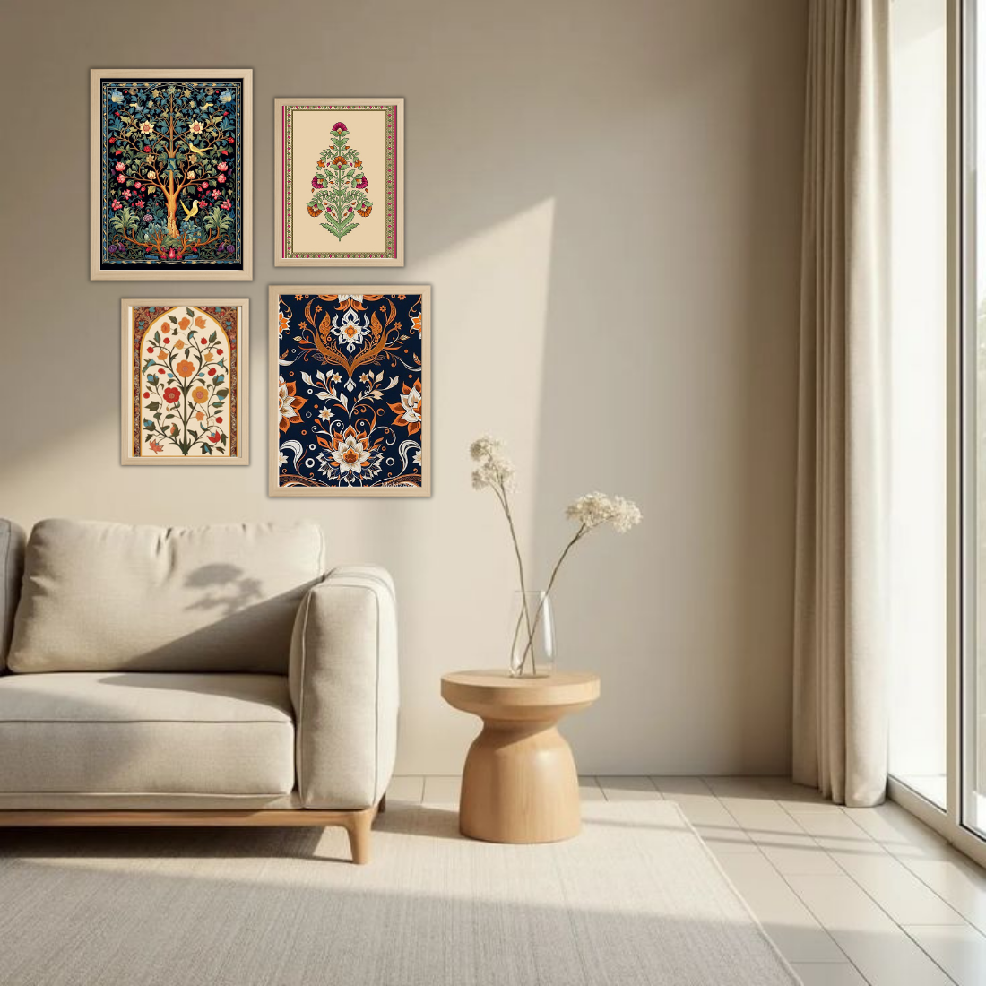 Mughal Wall Frame Set – Set of 4 (2 Large 13×17" + 2 Medium 9×11") | Royal Indian Botanical Art Prints | Beige, Black & White Frame