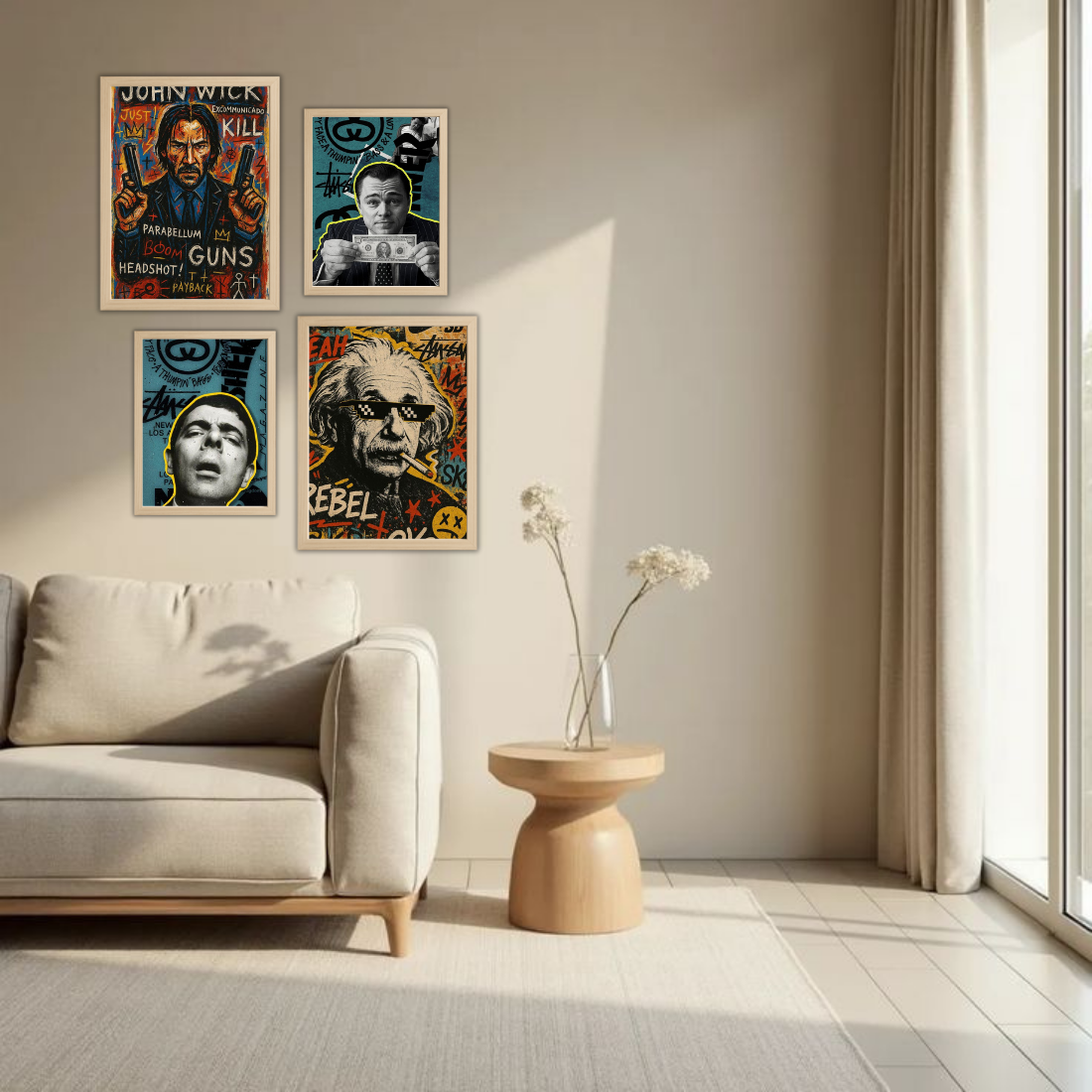 Pop Art Graffiti Icons Wall Frame Set – Set of 4 (2 Large 13×17" + 2 Medium 9×11") | John Wick Einstein DiCaprio Scarface Street Art Prints | Beige, Black & White Frame