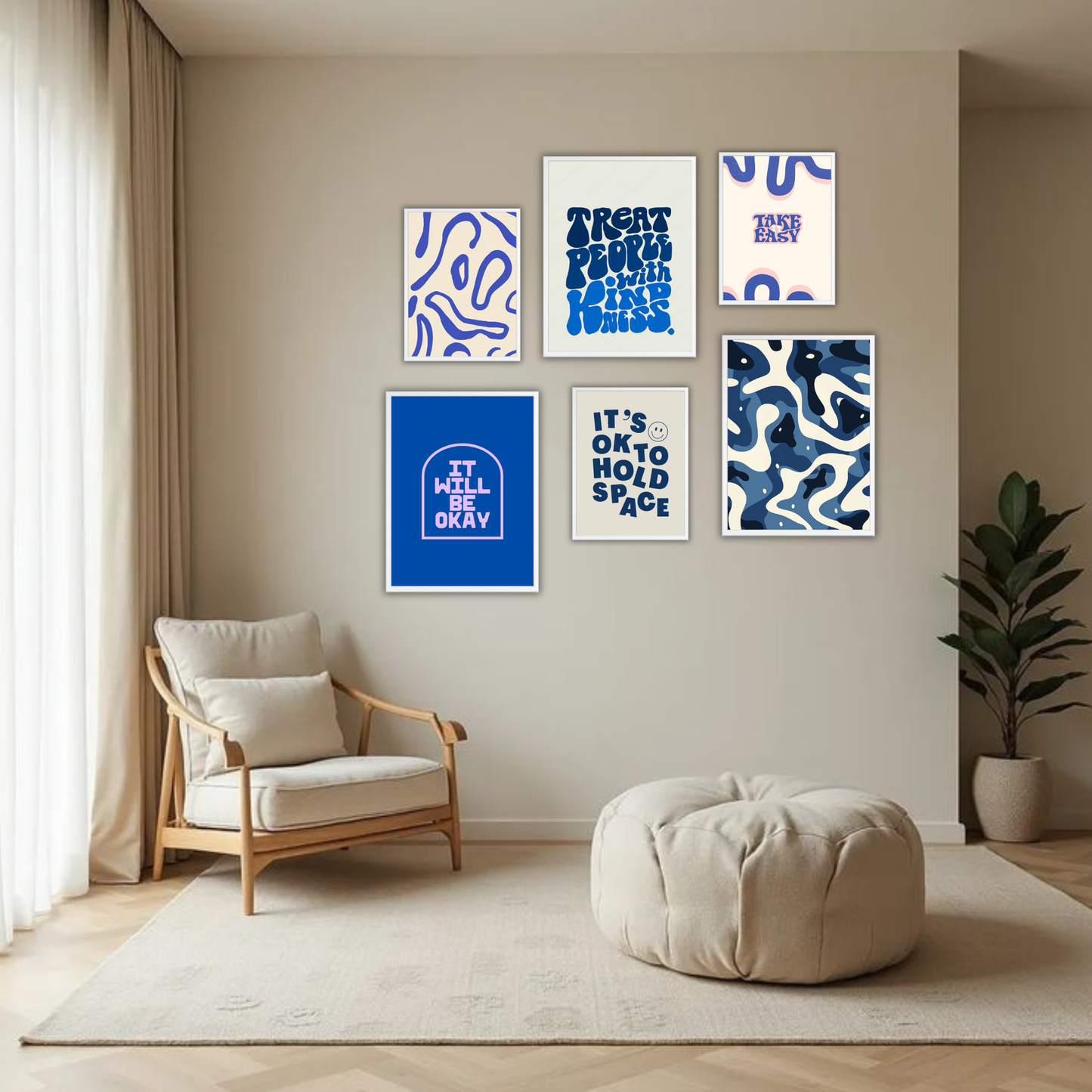 Blue Aesthetic Wall Frame Set – Set of 6 (3 Large 13×17" + 3 Small 9×11") | Kindness & Positivity Art Prints for Bedroom & Living Room