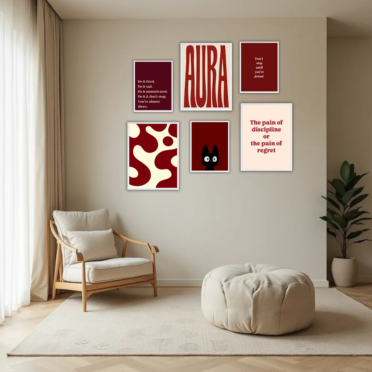 AURA Dark Red Aesthetic Wall Frame Set – Set of 6 (3 Large 13×17" + 3 Small 9×11") | Motivational Art Prints for Bedroom & Living Room