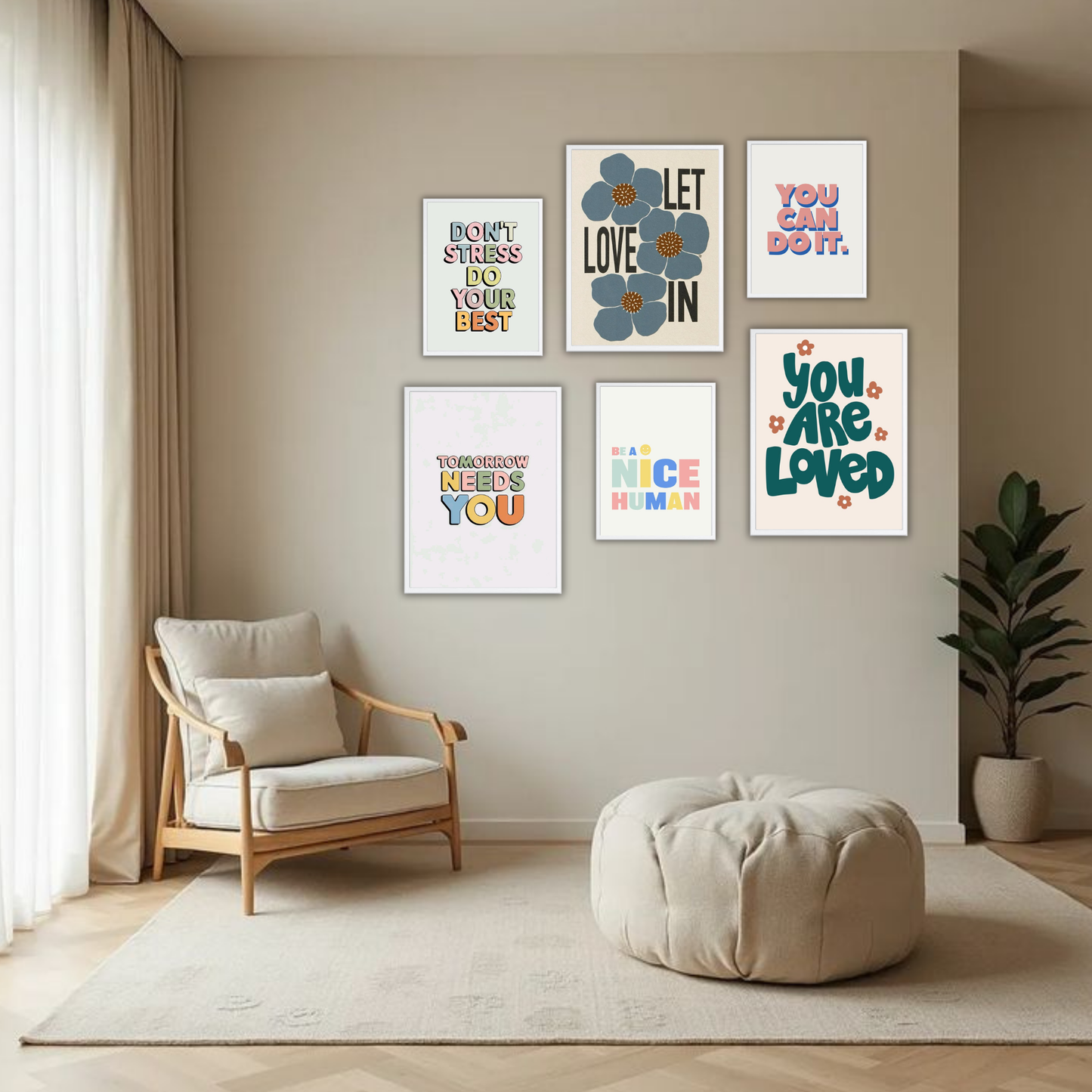 Colorful Positivity Wall Frame Set – Set of 6 (3 Large 13×17" + 3 Small 9×11") | Self-Love & Motivational Art Prints for Bedroom & Living Room