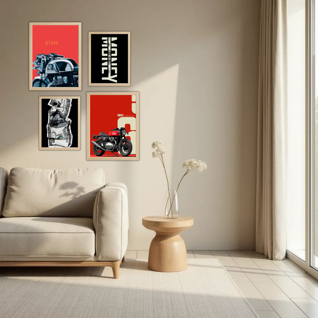 Royal Enfield Hustle Money Wall Frame Set – Set of 4 (2 Large 13×17" + 2 Medium 9×11") | Bike Lover Money Grind Poster Art Prints | Beige, Black & White Frame