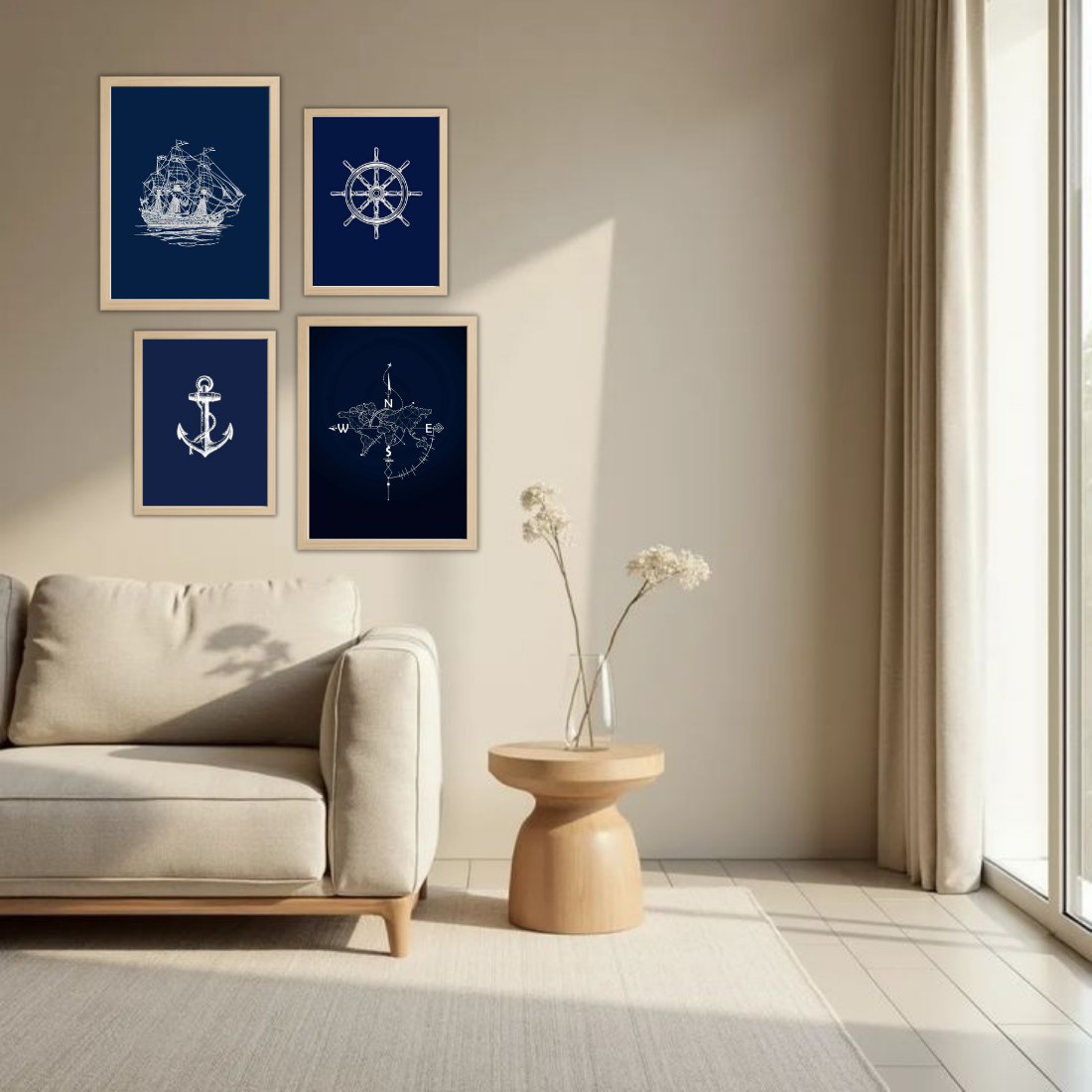 Nautical Navy Line Art Wall Frame Set – Set of 4 (2 Large 13×17" + 2 Medium 9×11") | Sailing Ship Anchor Compass Ship Wheel Art Prints | Beige, Black & White Frame