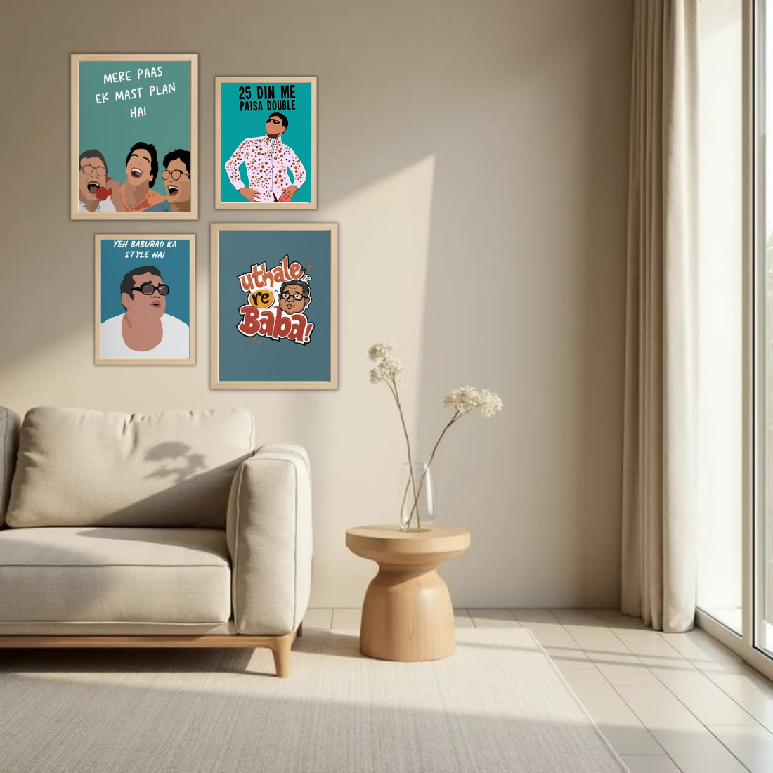 Hera Pheri Bollywood Wall Frame Set – Set of 4 (2 Large 13×17" + 2 Medium 9×11") | Baburao & Raju Meme Fan Art Prints for Bedroom, Living Room & Cafe | Beige, Black & White Frame