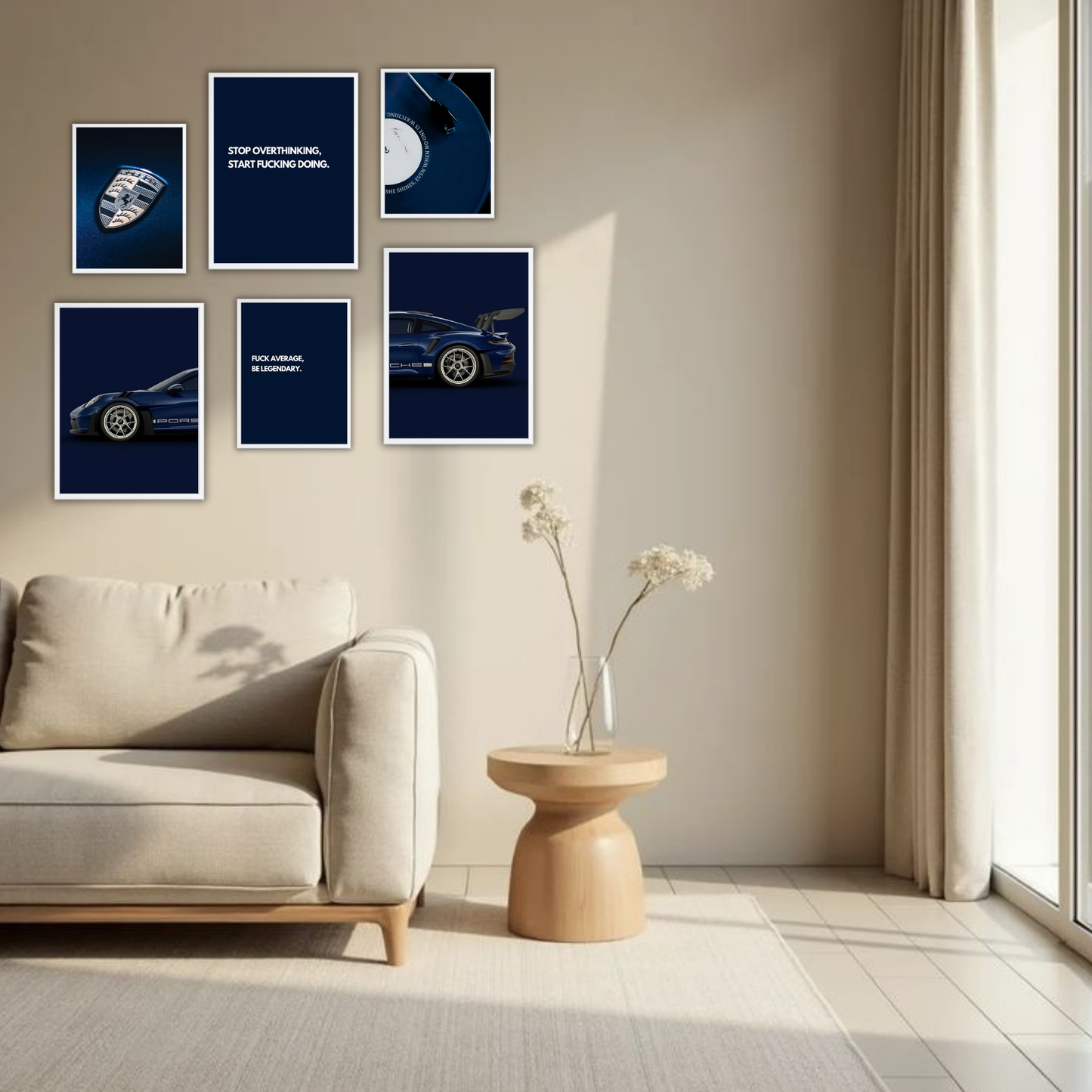 Luxury Hustle Wall Frame Set – Set of 6 (3 Large 13×17" + 3 Small 9×11") | Motivational & Car Aesthetic Wall Decor for Bedroom & Office
