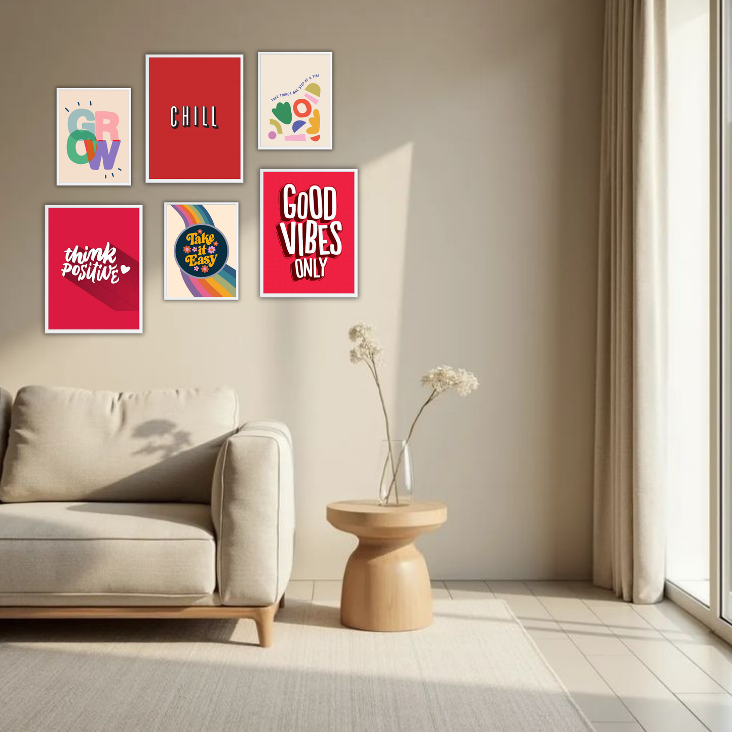 Good Vibes Only Wall Frame Set – Set of 6 (3 Large 13×17" + 3 Small 9×11") | Positive & Chill Aesthetic Art Prints for Bedroom & Living Room