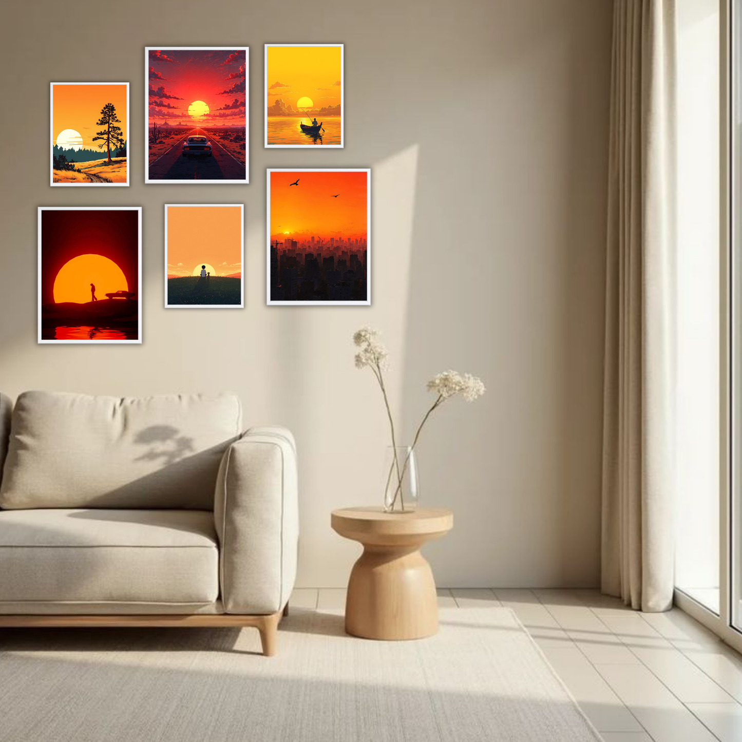 Sunset Vibes Wall Frame Set – Set of 6 (3 Large 13×17" + 3 Small 9×11") | Aesthetic Sunset Art Prints for Bedroom & Living Room