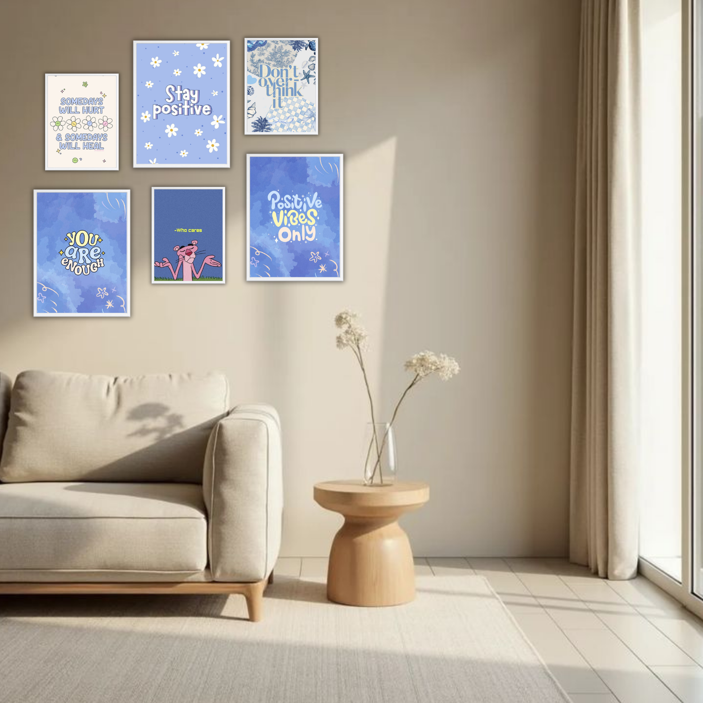 Pastel Blue Positive Vibes Wall Frame Set – Set of 6 (3 Large 13×17" + 3 Small 9×11") | Stay Positive & Self-Love Aesthetic Art Prints for Bedroom & Living Room