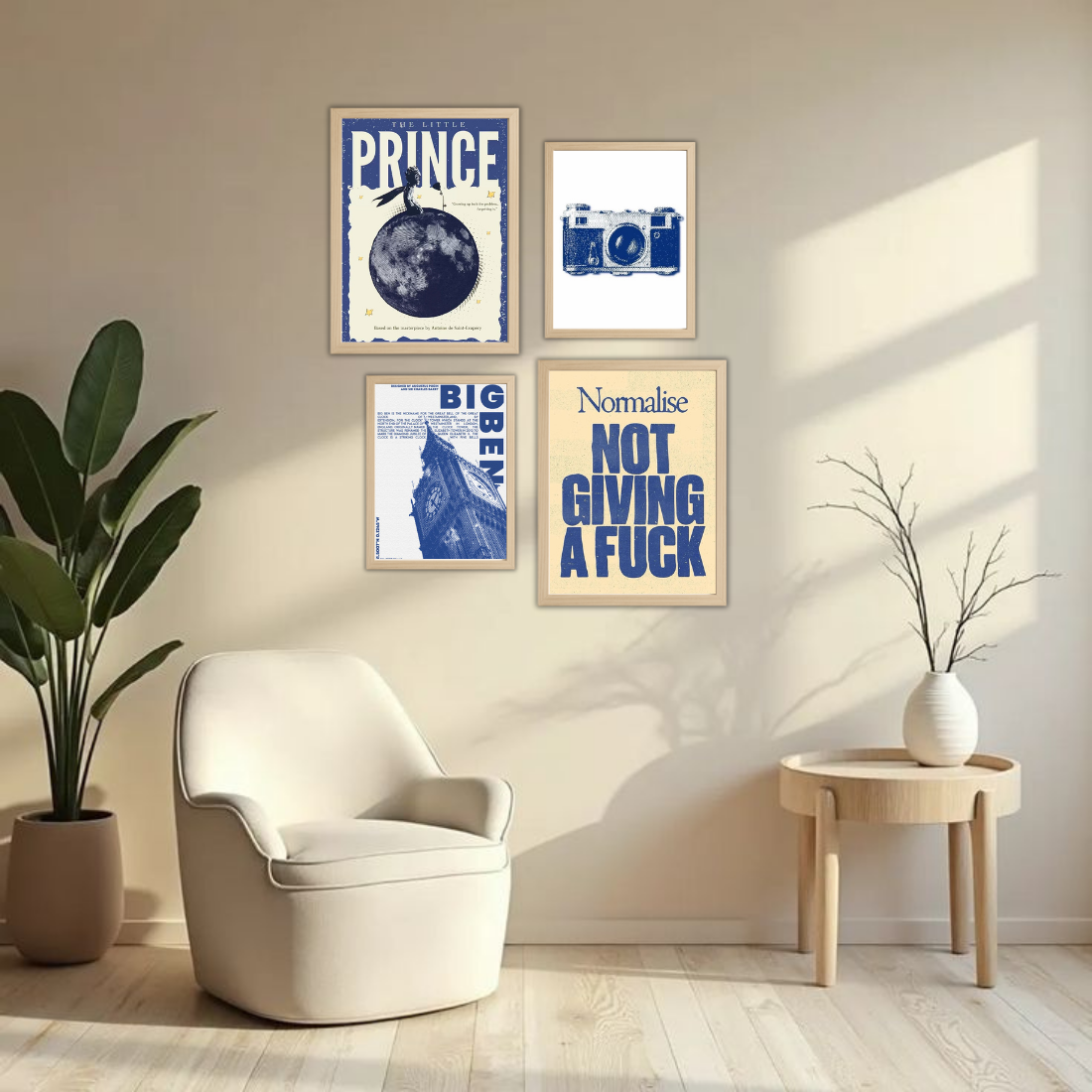 Blue Cream Eclectic Gallery Wall Frame Set – Set of 4 (2 Large 13×17" + 2 Medium 9×11") | Little Prince Big Ben Camera NGAF Art Prints | Beige, Black & White Frame
