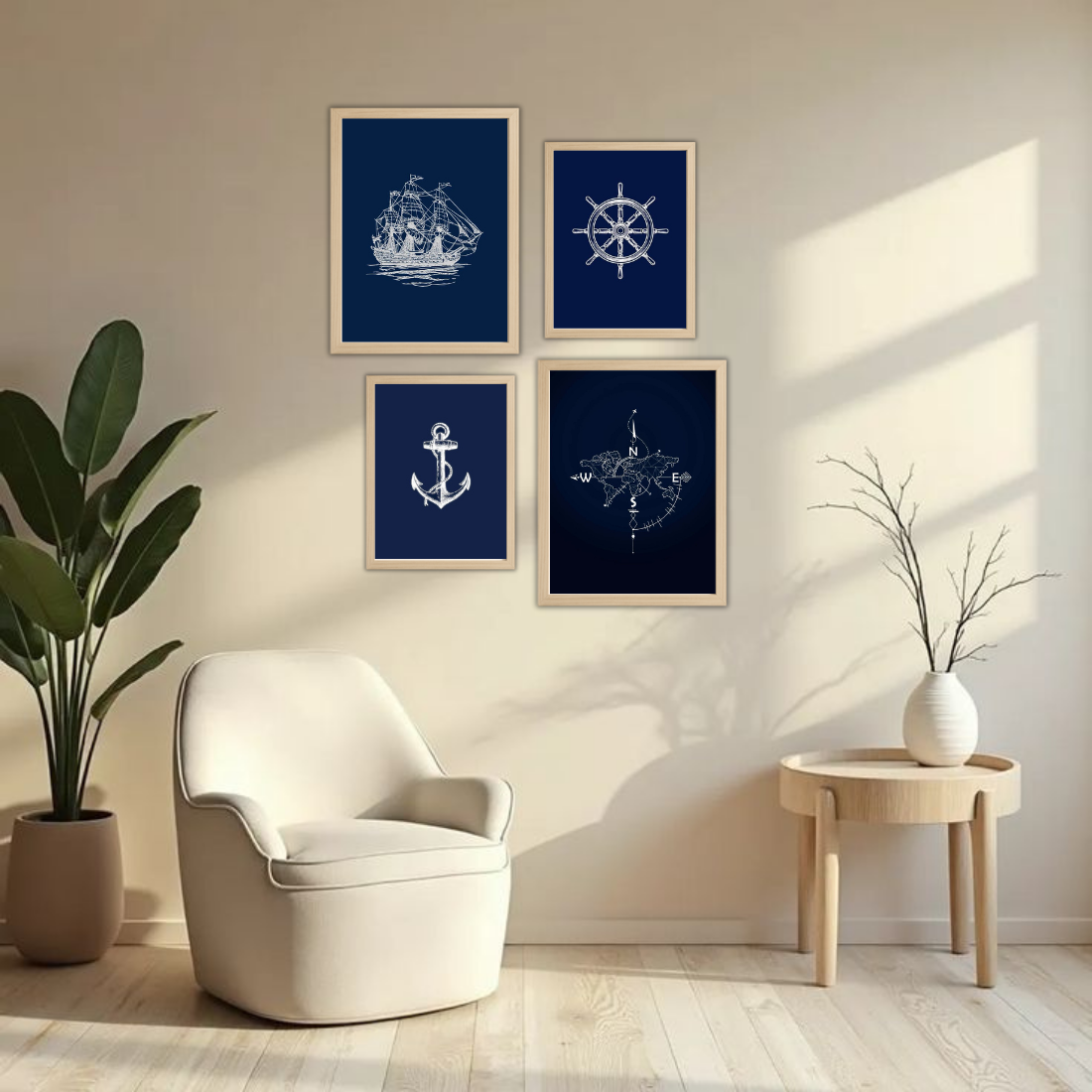 Nautical Navy Line Art Wall Frame Set – Set of 4 (2 Large 13×17" + 2 Medium 9×11") | Sailing Ship Anchor Compass Ship Wheel Art Prints | Beige, Black & White Frame